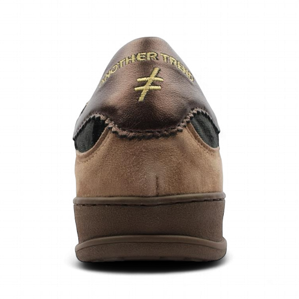 Back view of Another Trend Tostado Beige/Black trainers with gold detail and bronze heel