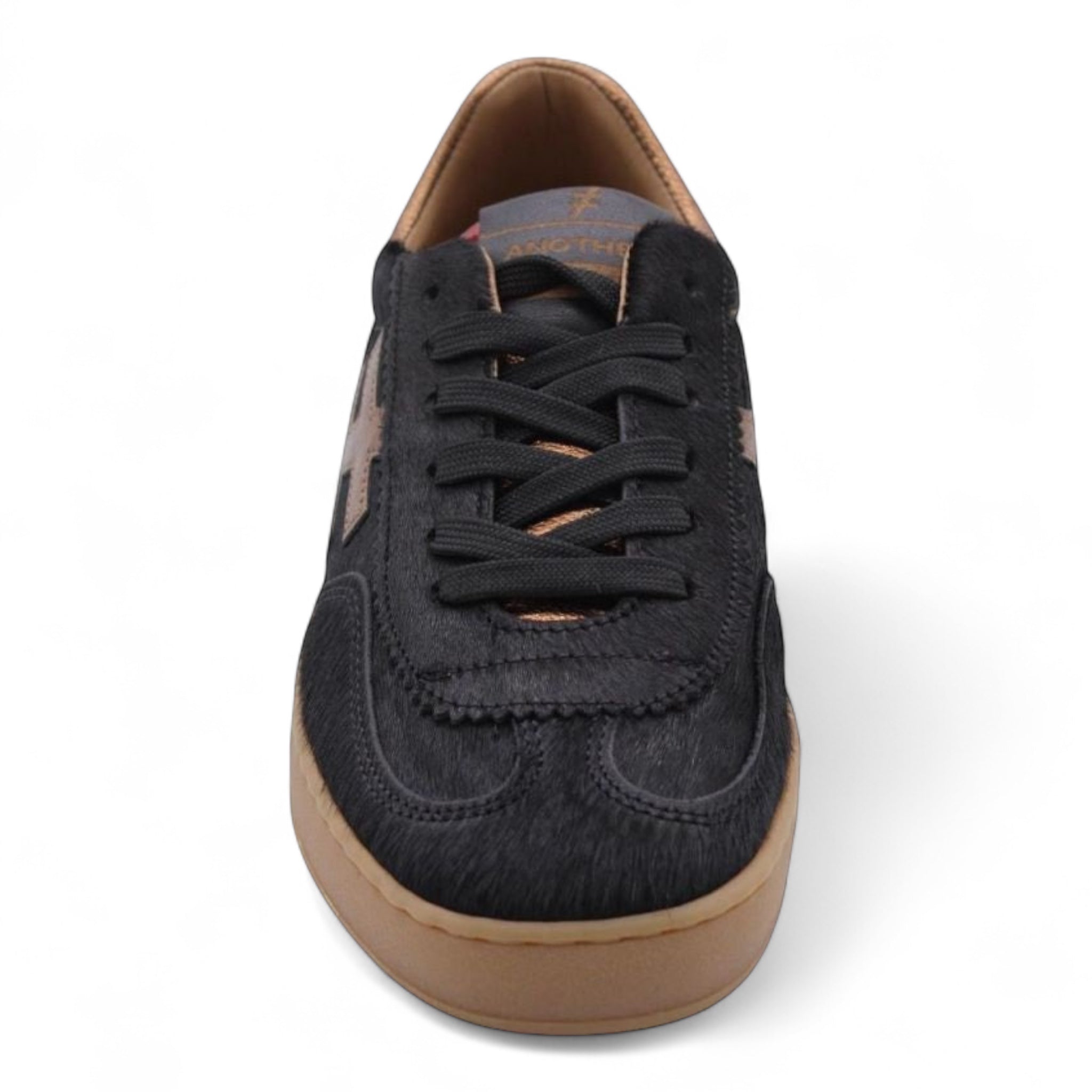 Front view of Another Trend Iconic Trainers highlighting black laces and scalloped leather detailing