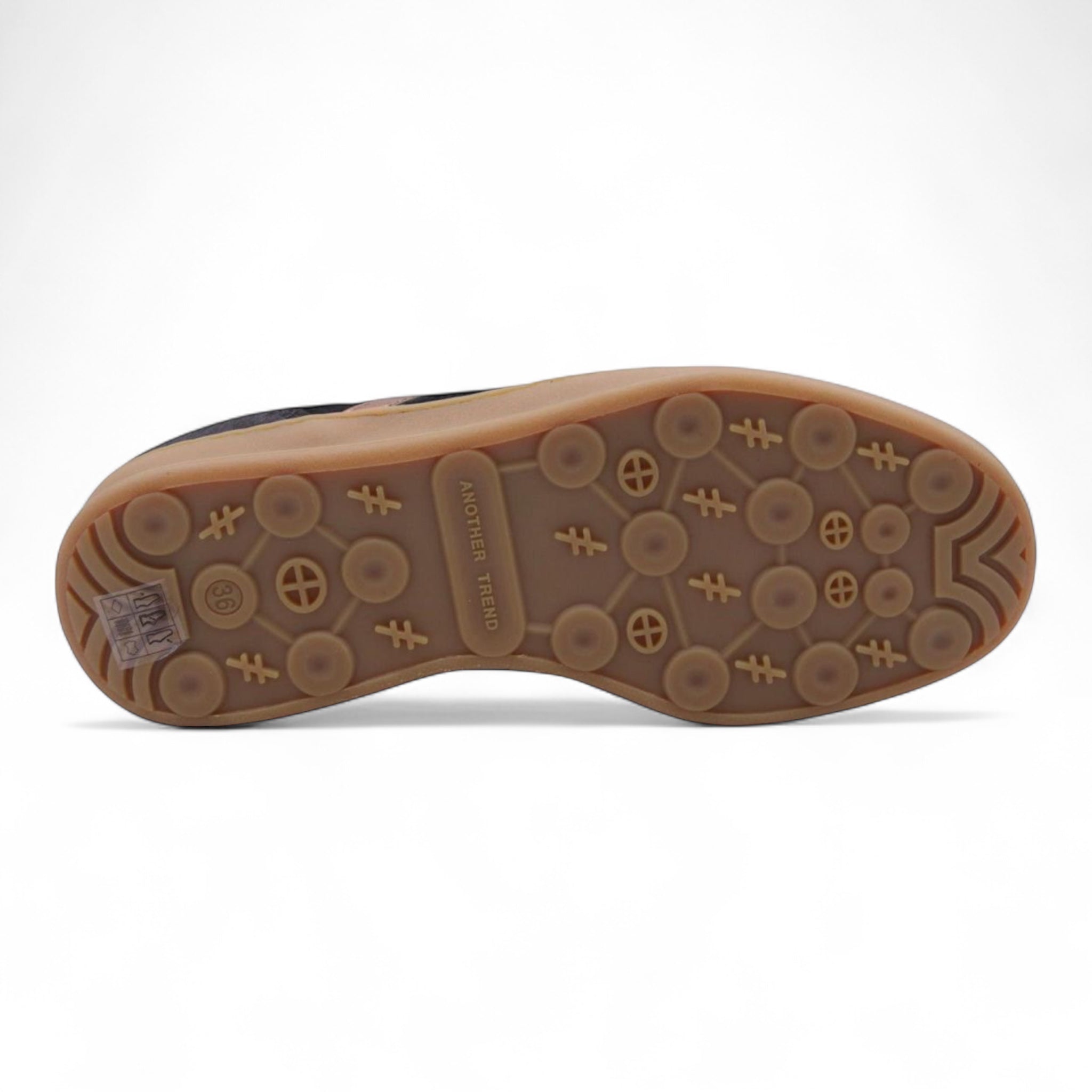 Outsole view of Another Trend Iconic Trainers showing textured grip with logo pattern and branding