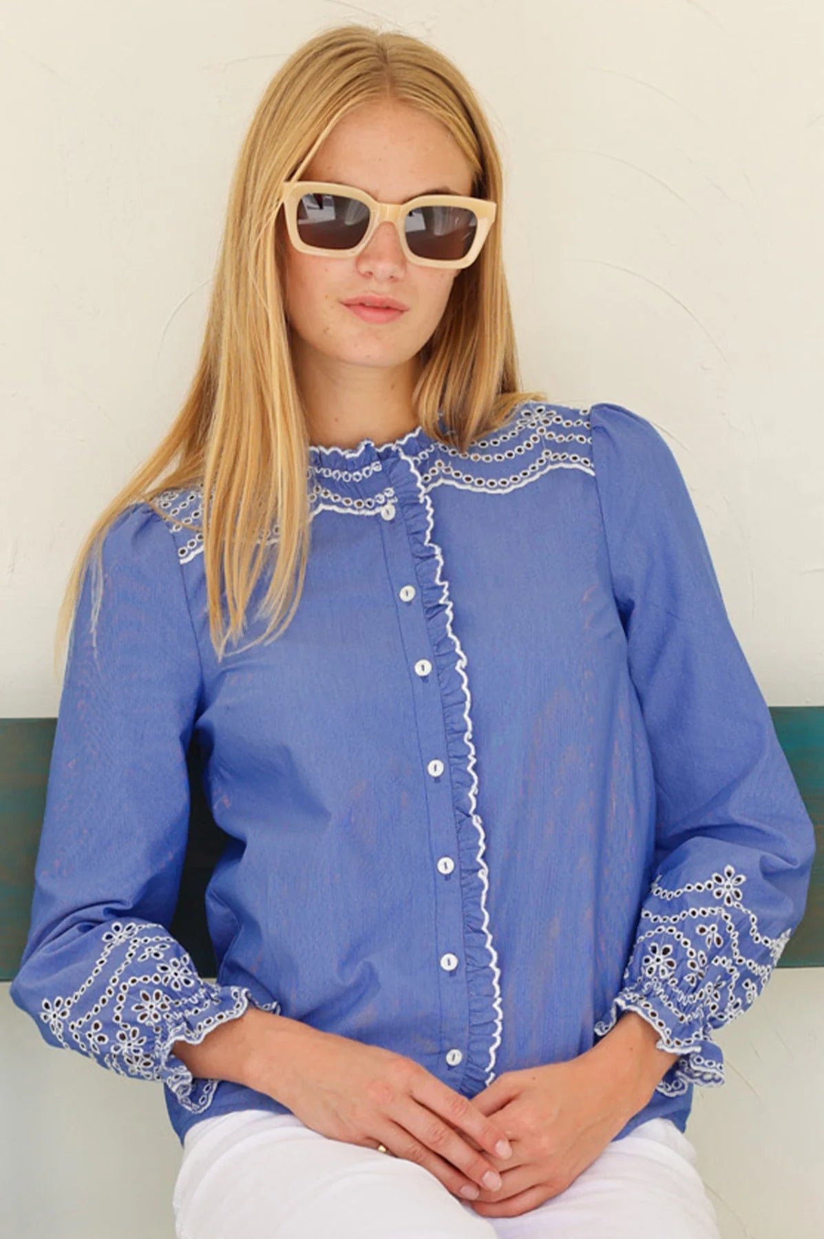 Aspiga blue chambray embroidered shirt front view