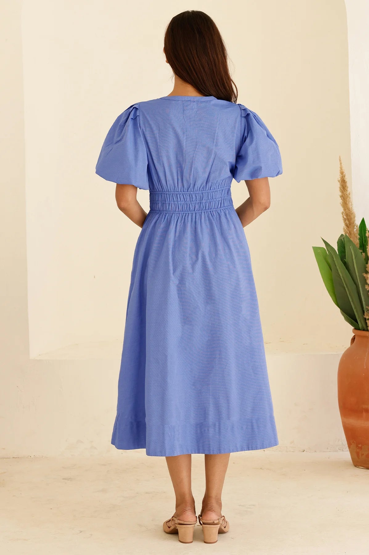 Aspiga blue puff sleeve midi dress back view