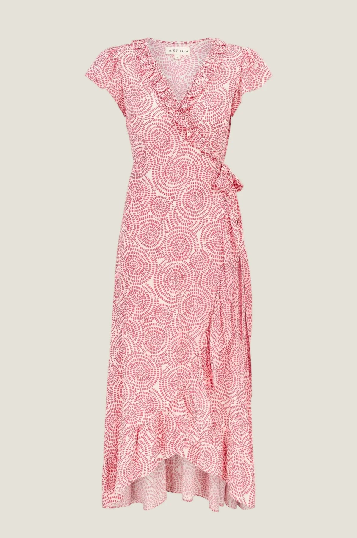 Aspiga Demi pink circle print cotton wrap dress cap sleeve detail