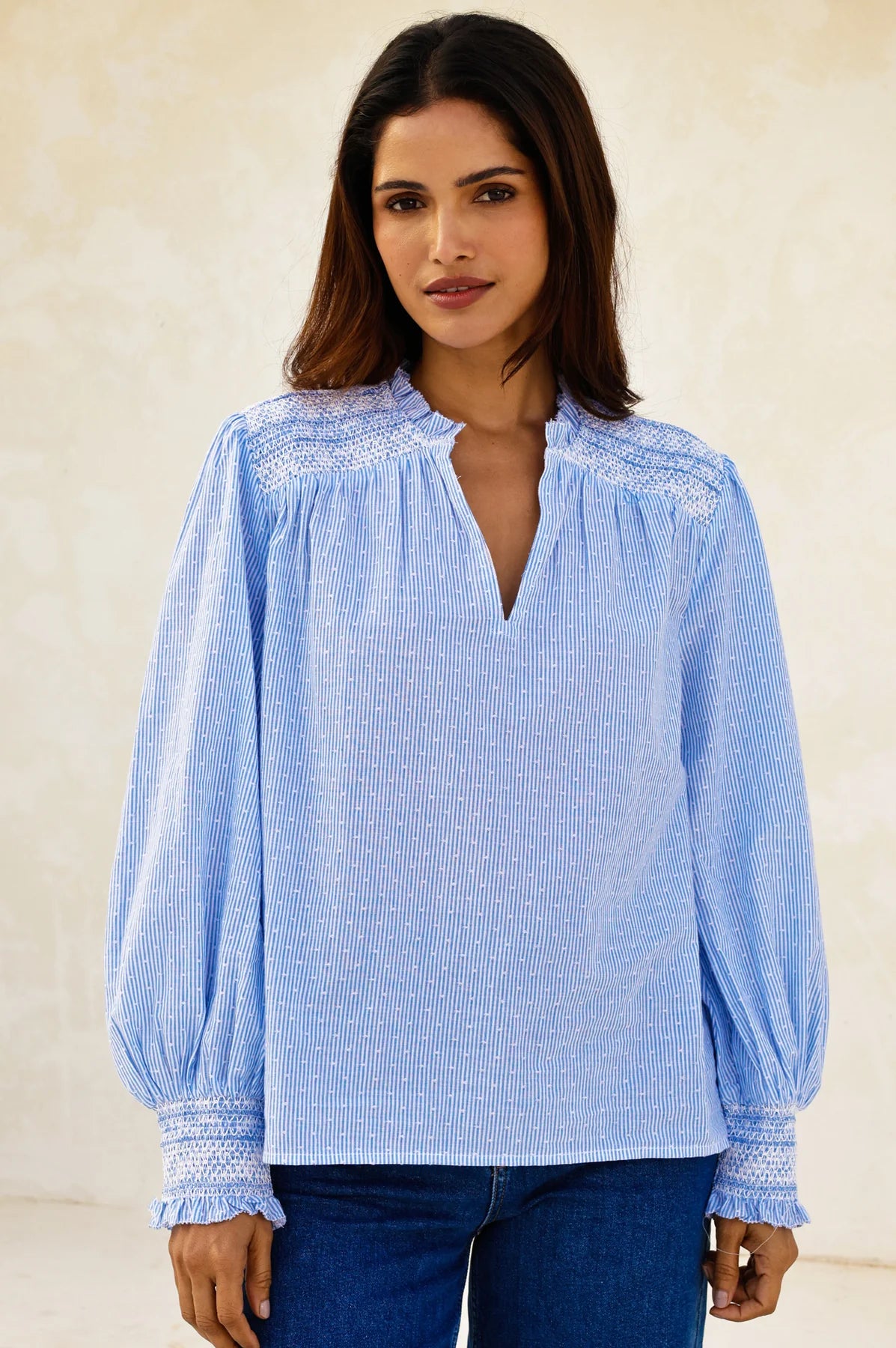 Aspiga dobby stripe blouse blue long sleeve front view
