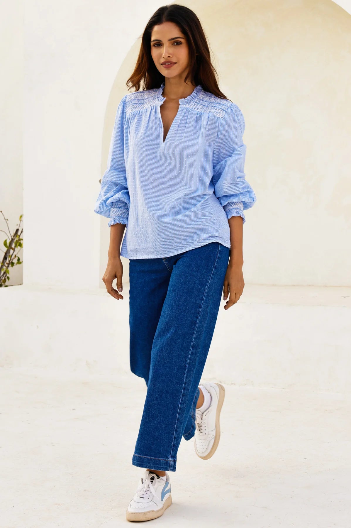 Aspiga blue stripe blouse notch neckline detail