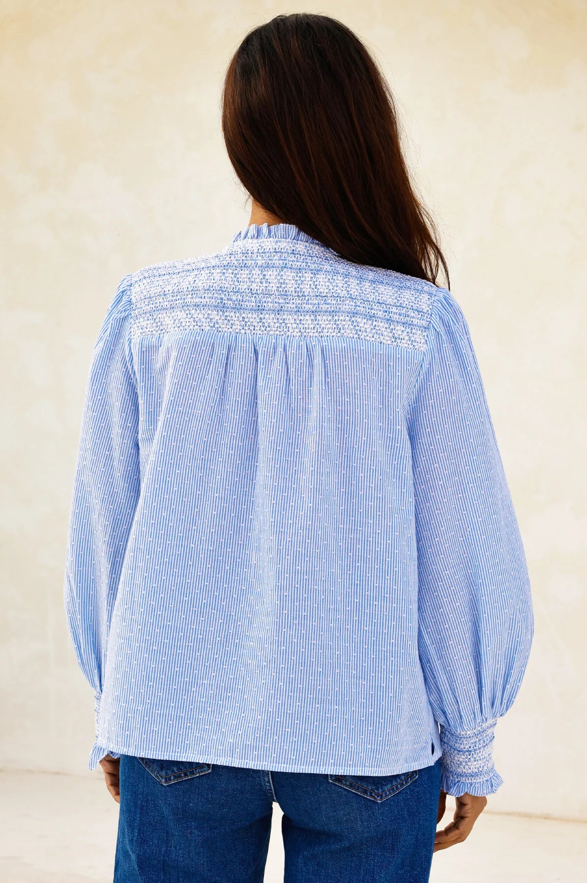 Aspiga cotton blouse smocked back detail blue stripe