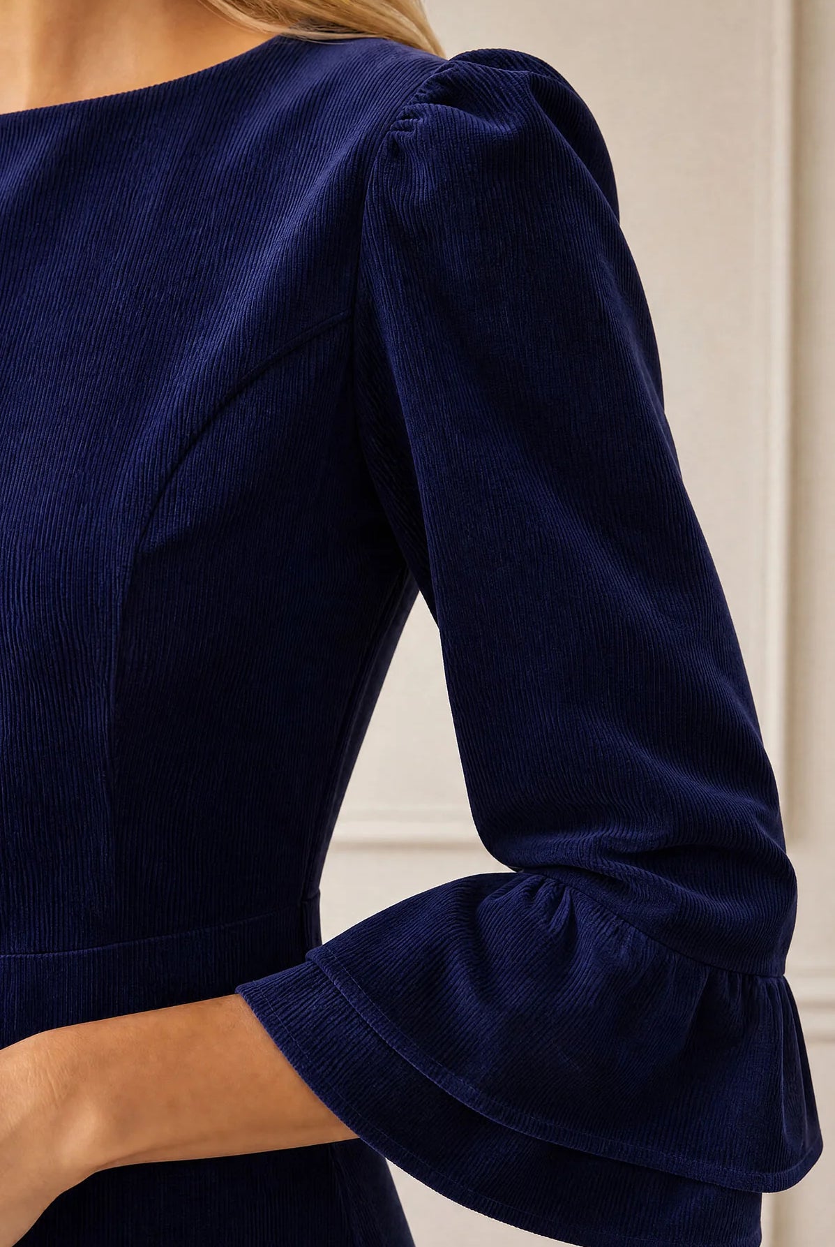 Aspiga Elizabeth Atlantic Blue dress – double ruffle cuff detail