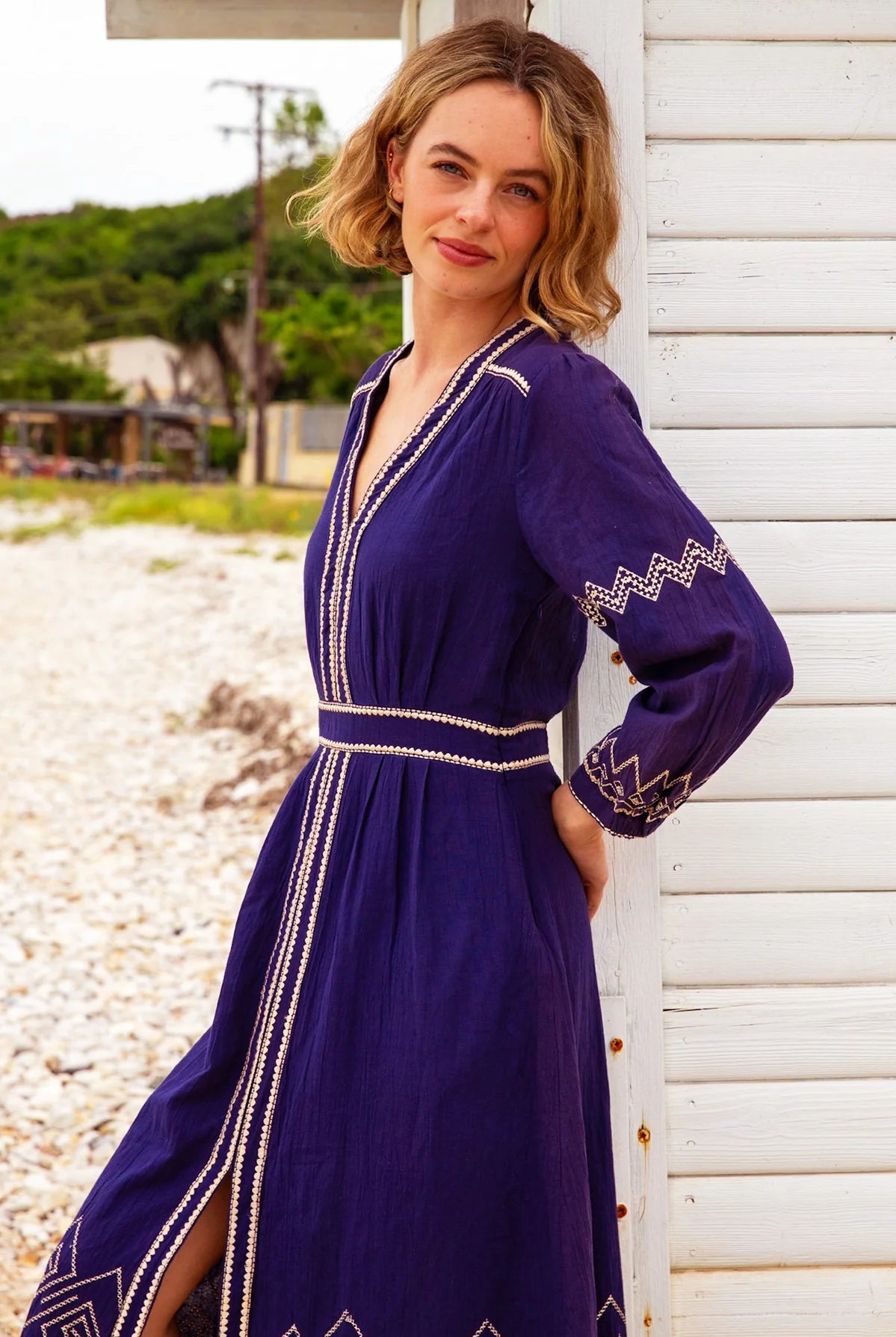 Aspiga Jamila navy embroidered summer dress waist and skirt detail