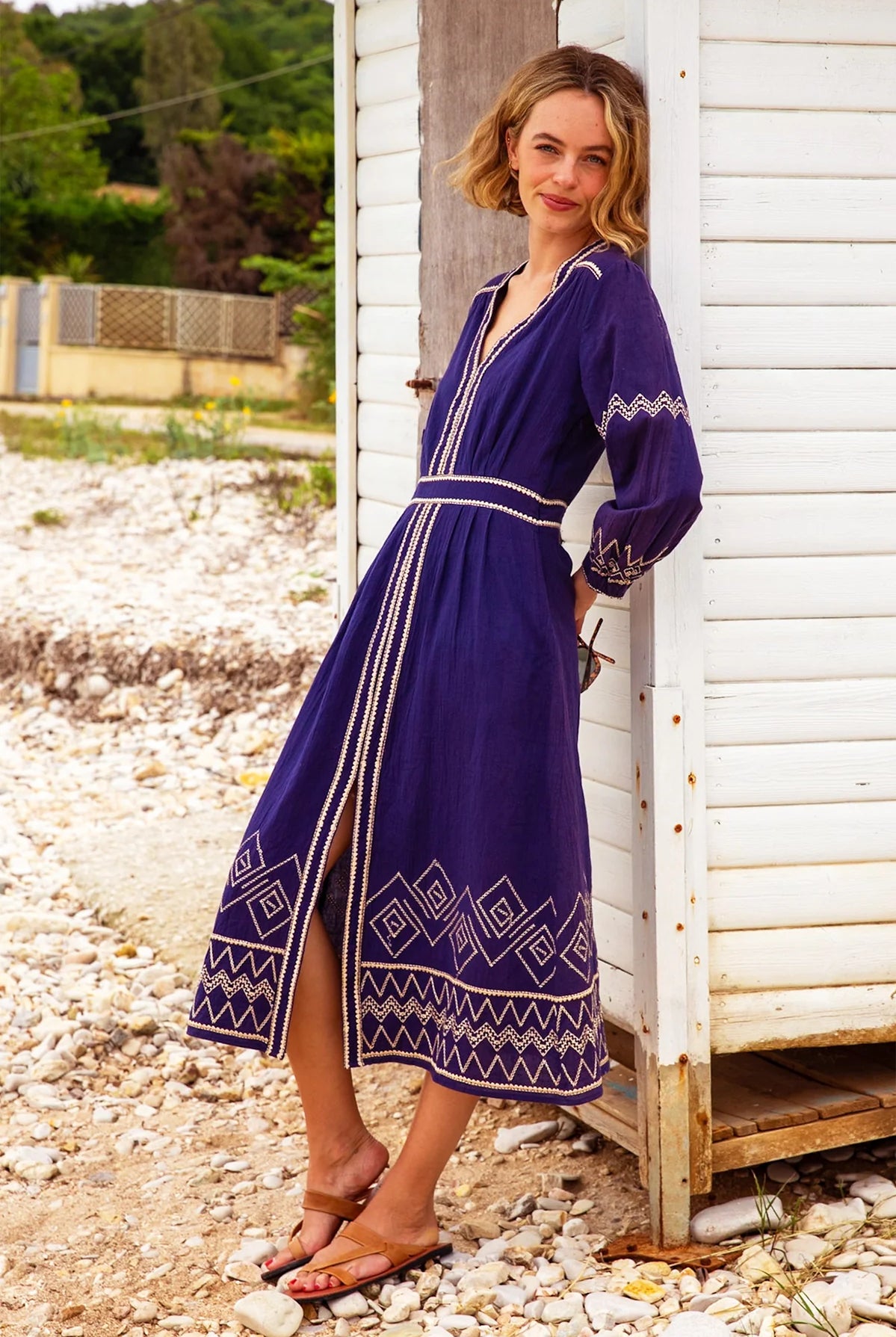Aspiga Jamila navy embroidered organic cotton midi dress front view