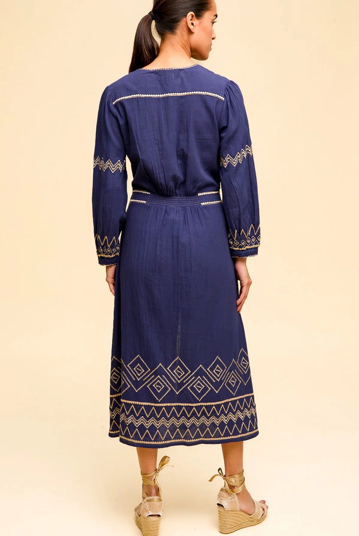 Aspiga Jamila navy embroidered organic cotton midi dress back view