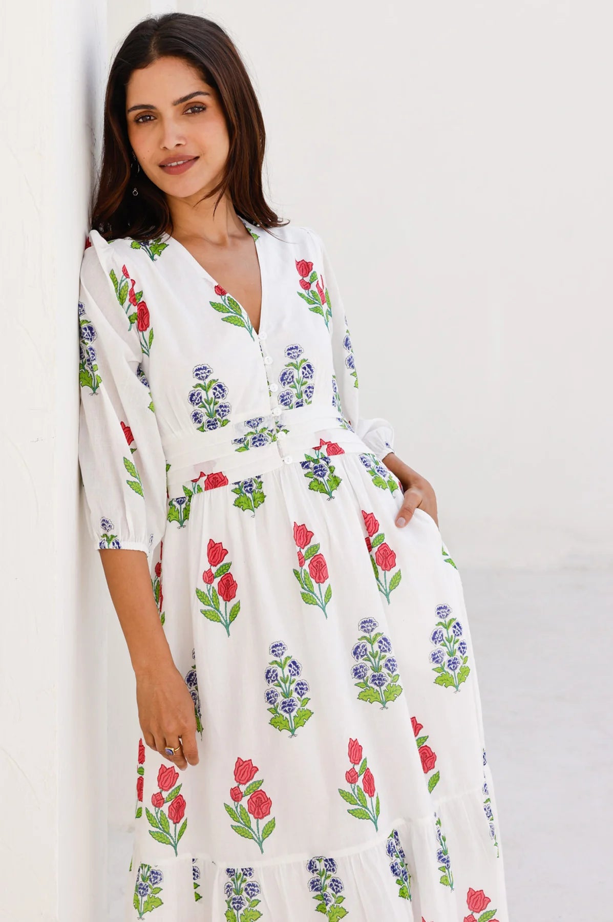 Aspiga floral print midi dress flattering waist detail