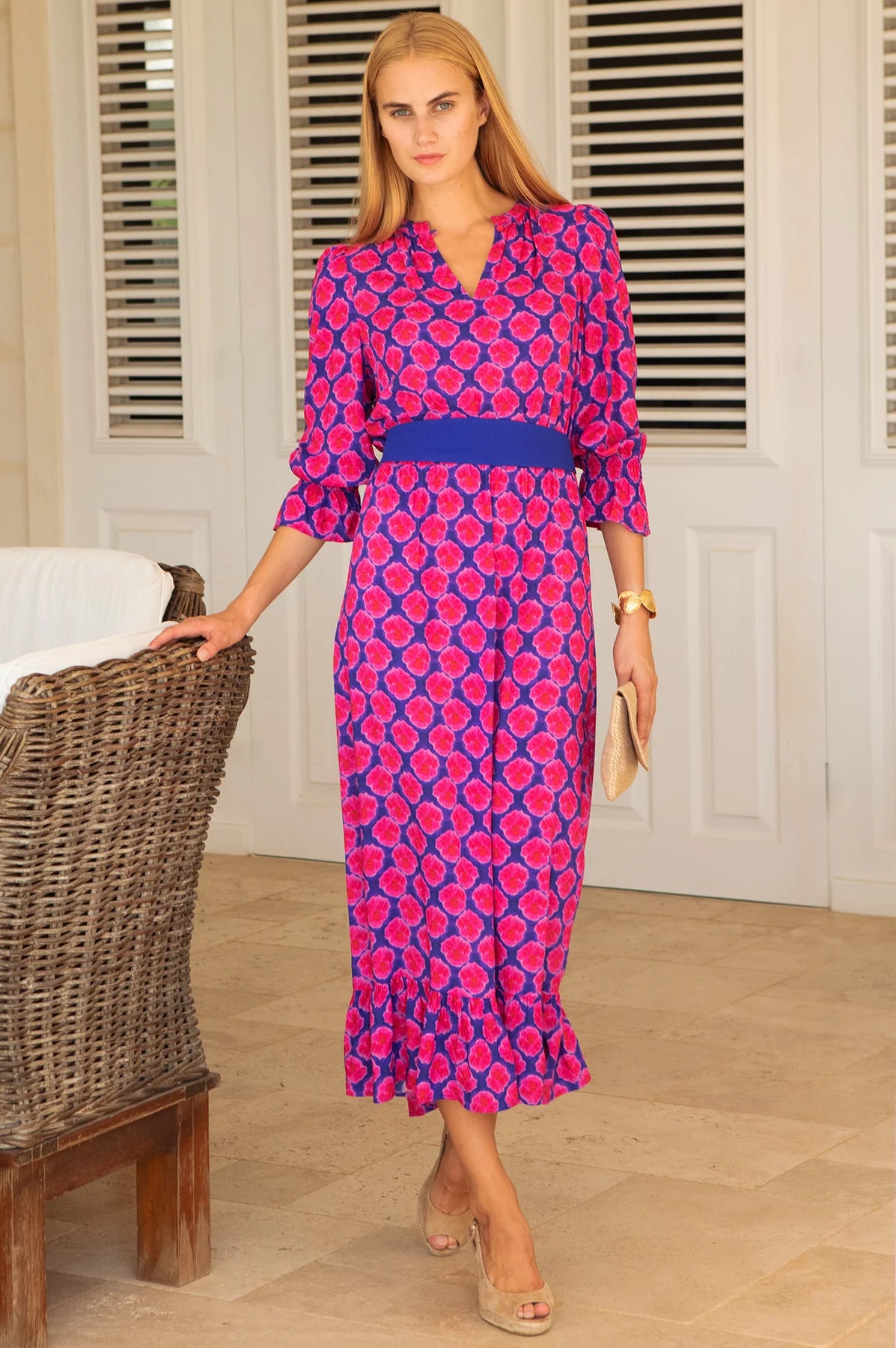 Aspiga Maeve blue pink printed EcoVero midi dress full length