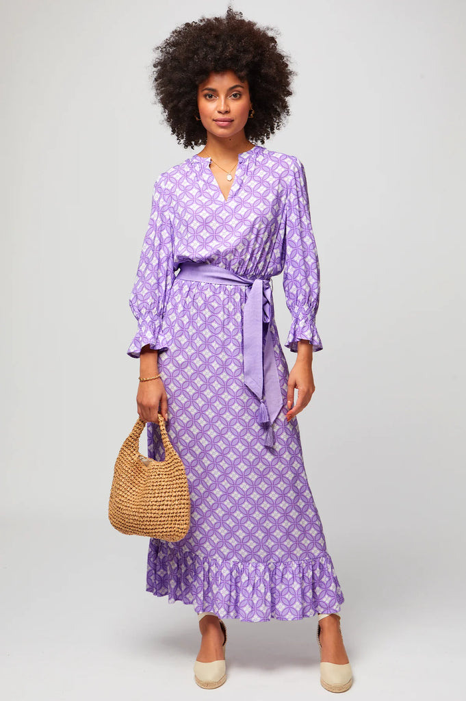 Aspiga Maeve Lavender Tile Print Midi Dress With Belt