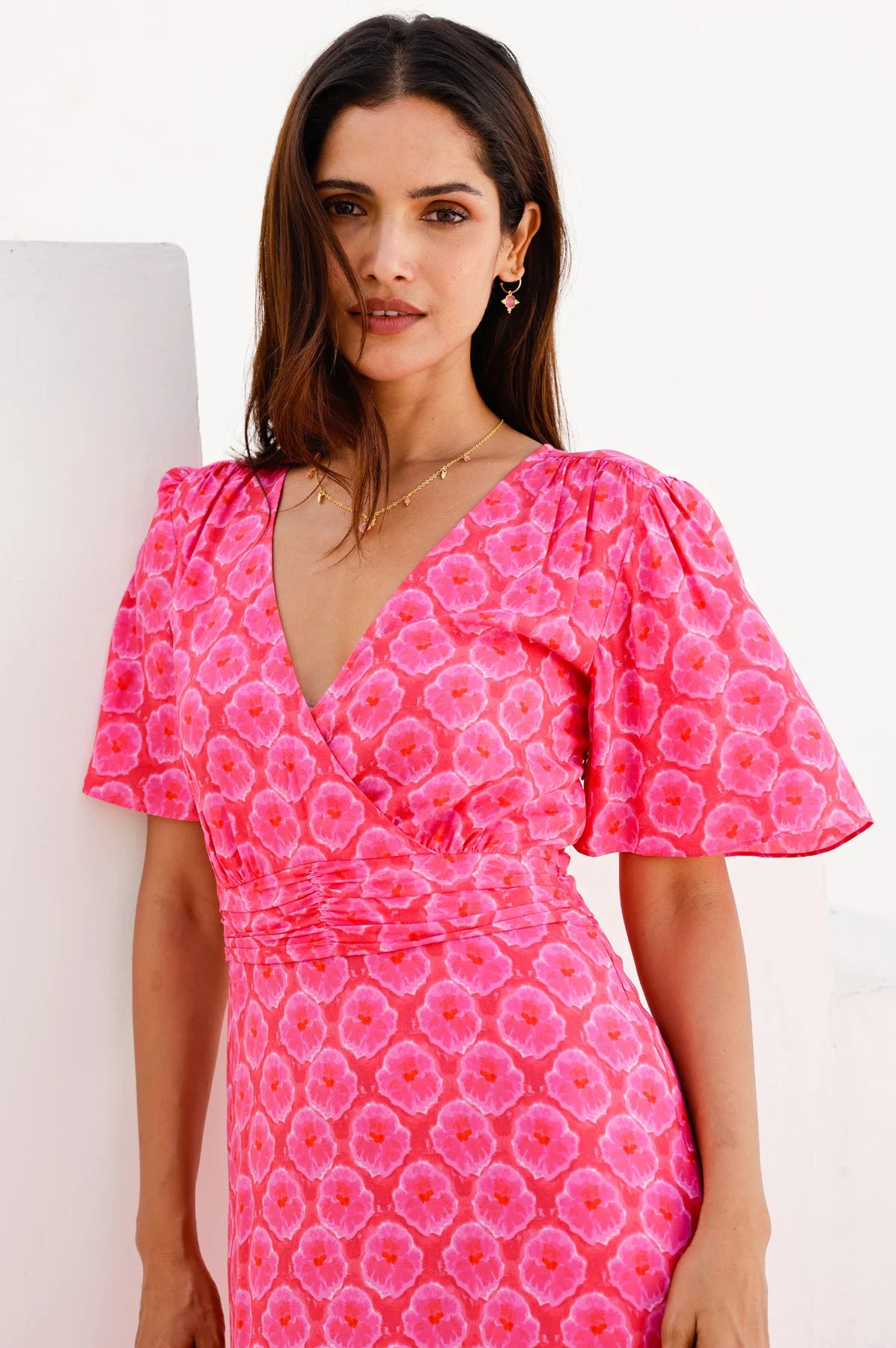Aspiga Mimi pink EcoVero midi dress wrap style V neckline detail