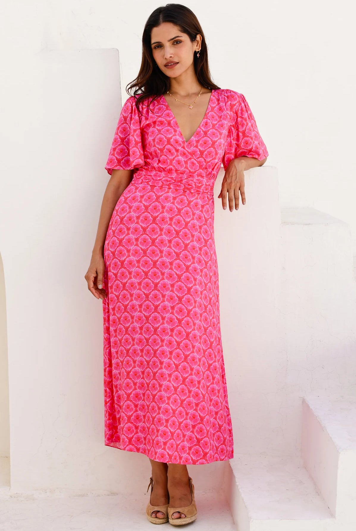 Aspiga Mimi pink print flutter sleeve midi dress front view