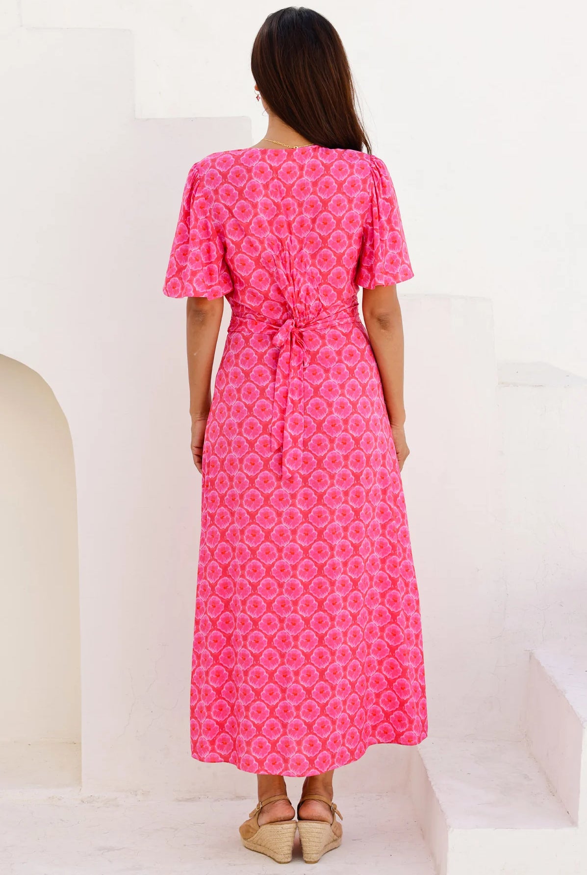 Aspiga pink butterfly sleeve midi dress belted dress view