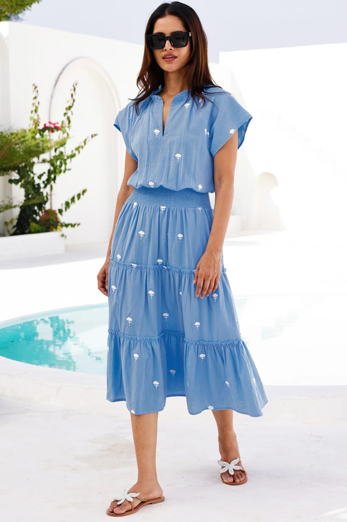 Aspiga Riley blue embroidered cotton midi dress full length