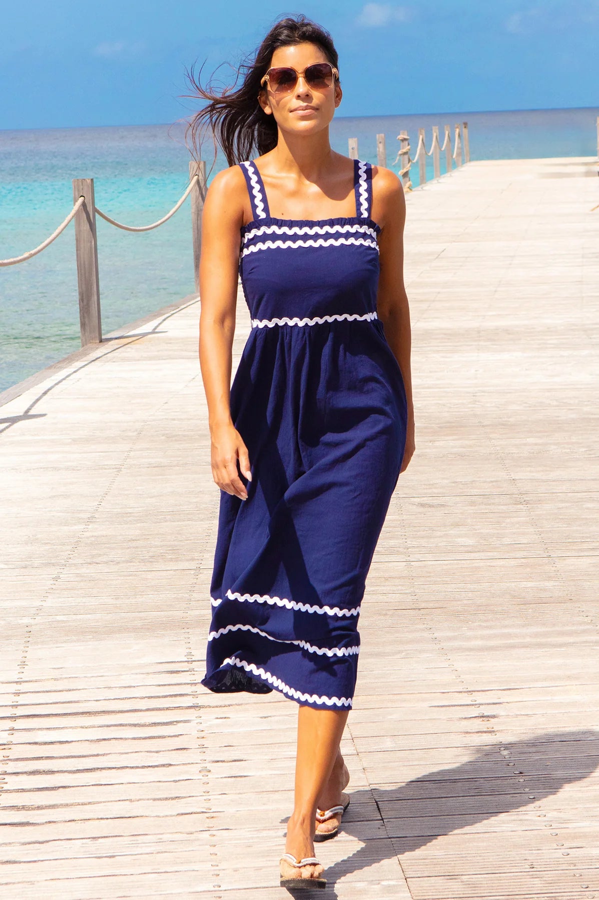 Aspiga Rita navy ric rac organic cotton midi dress front view