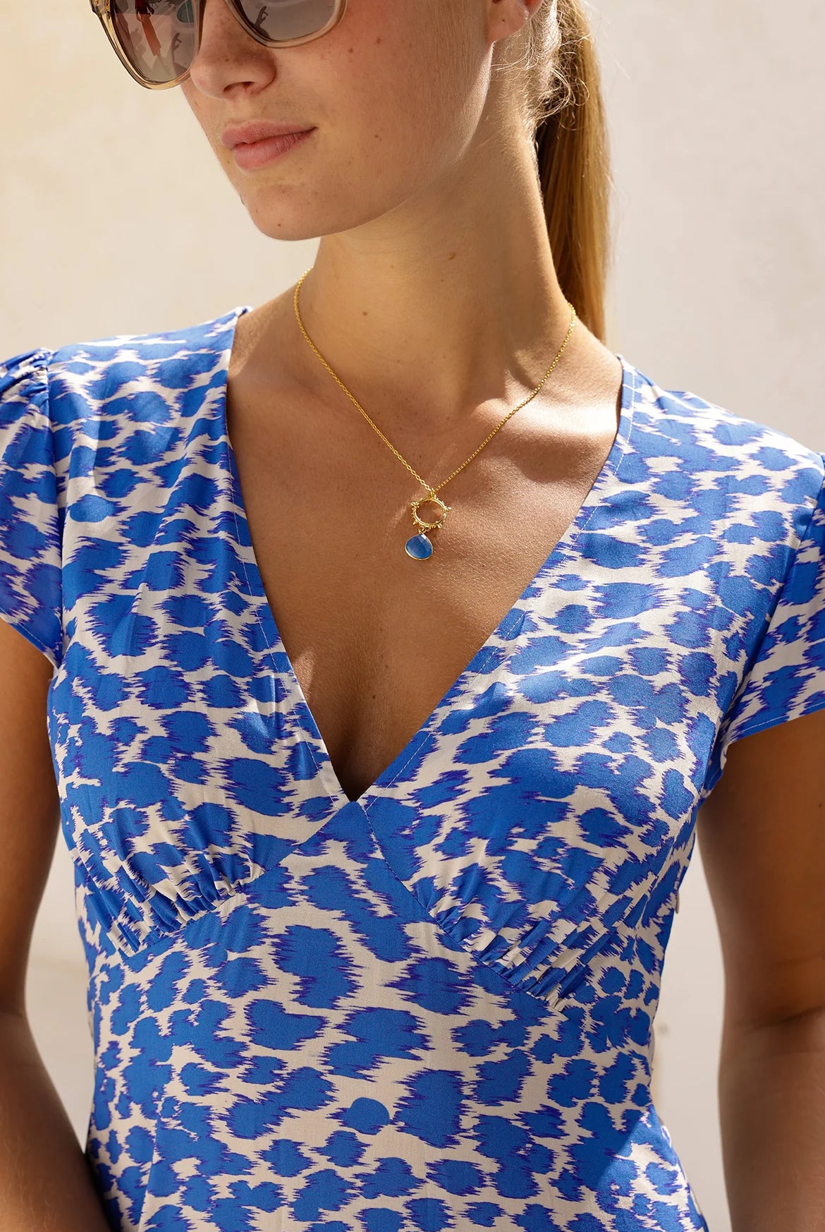 Aspiga Sophie cornflower blue dress v neckline detail