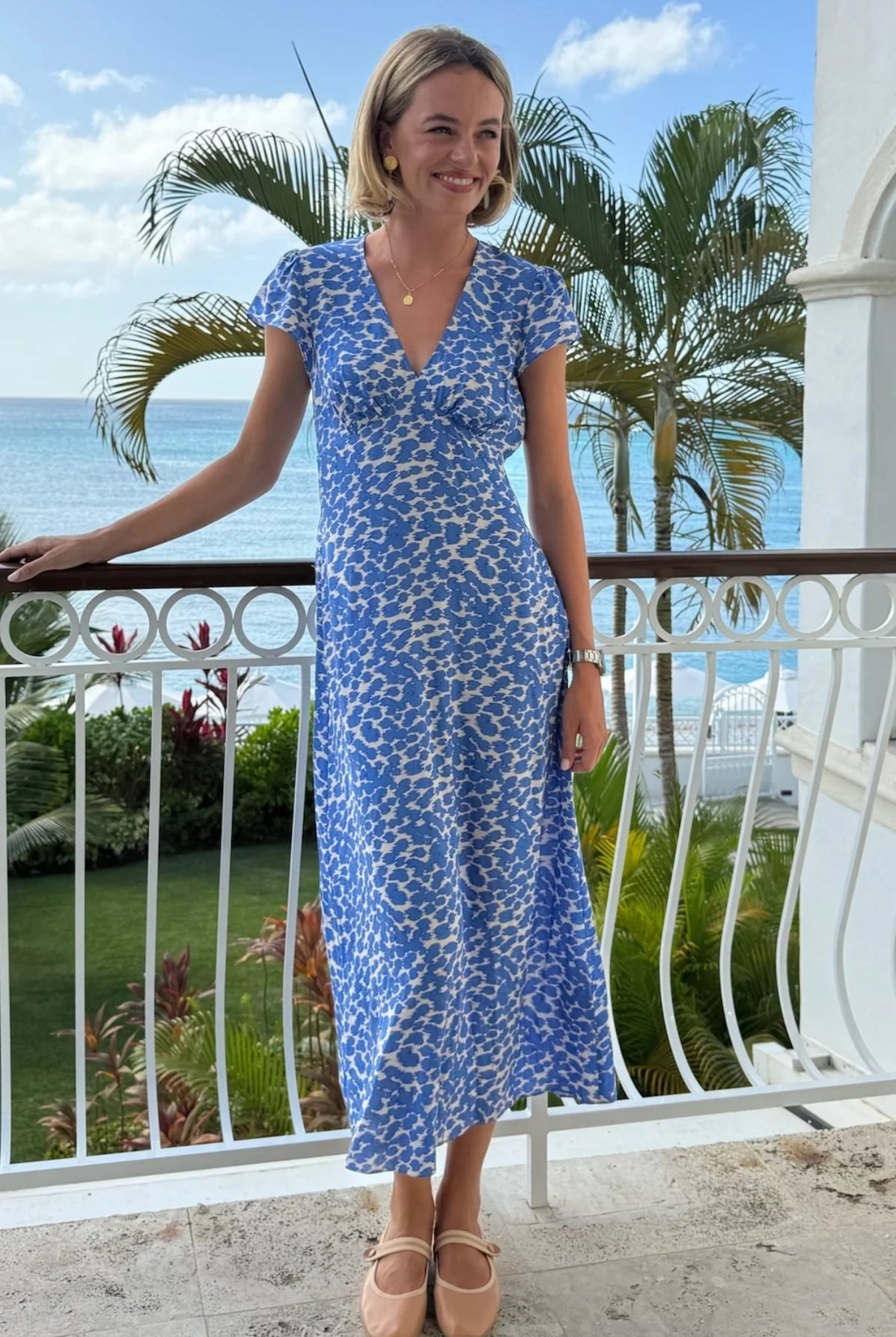 Aspiga Sophie cornflower blue animal print midi dress lifestyle image
