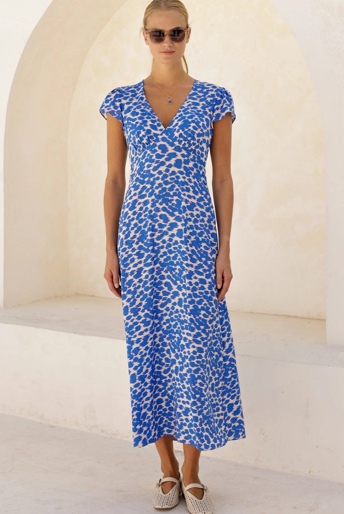 Aspiga Sophie cornflower blue animal print midi dress front view