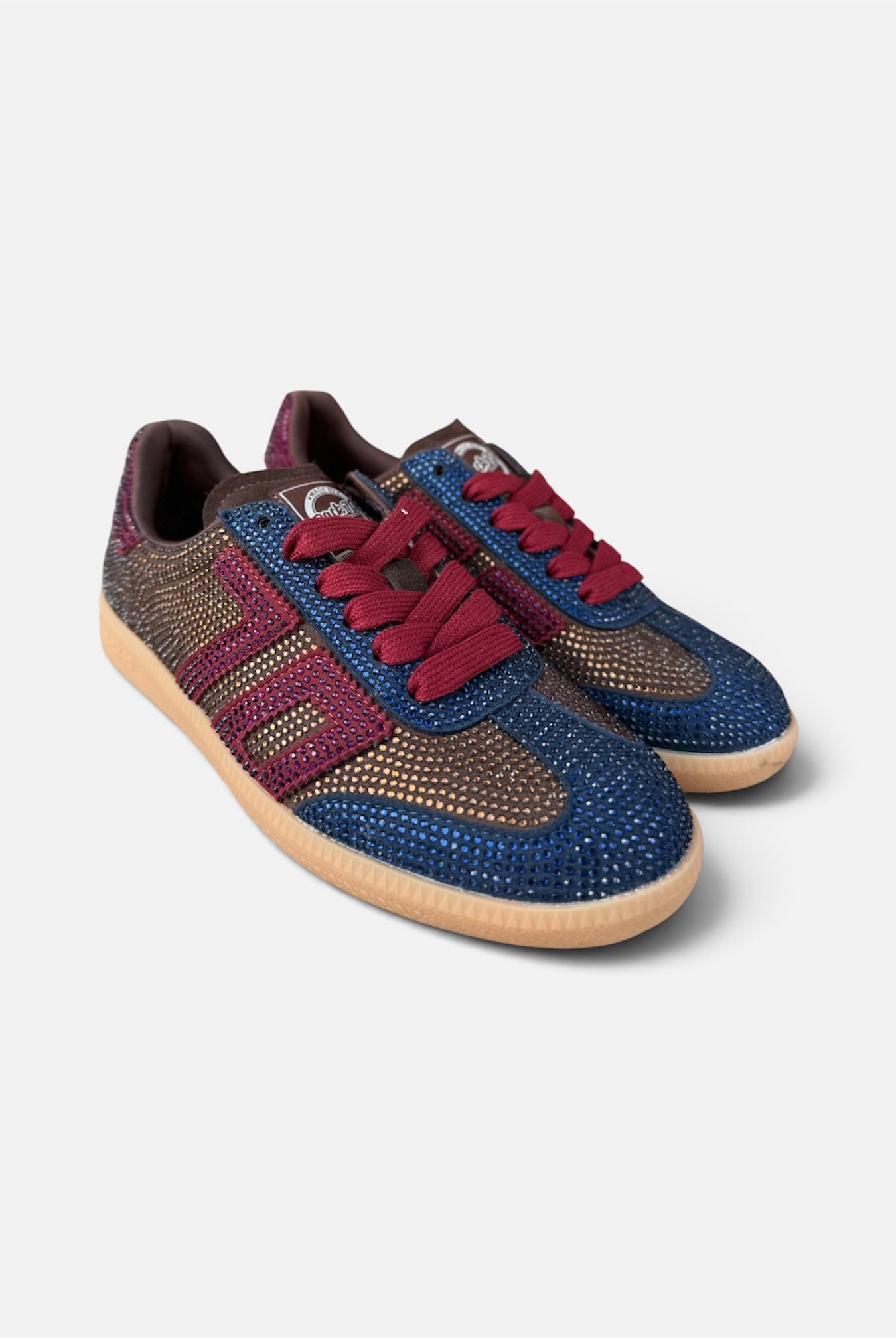 Back 70 Cloud Strass navy wine embellished trainers angled view