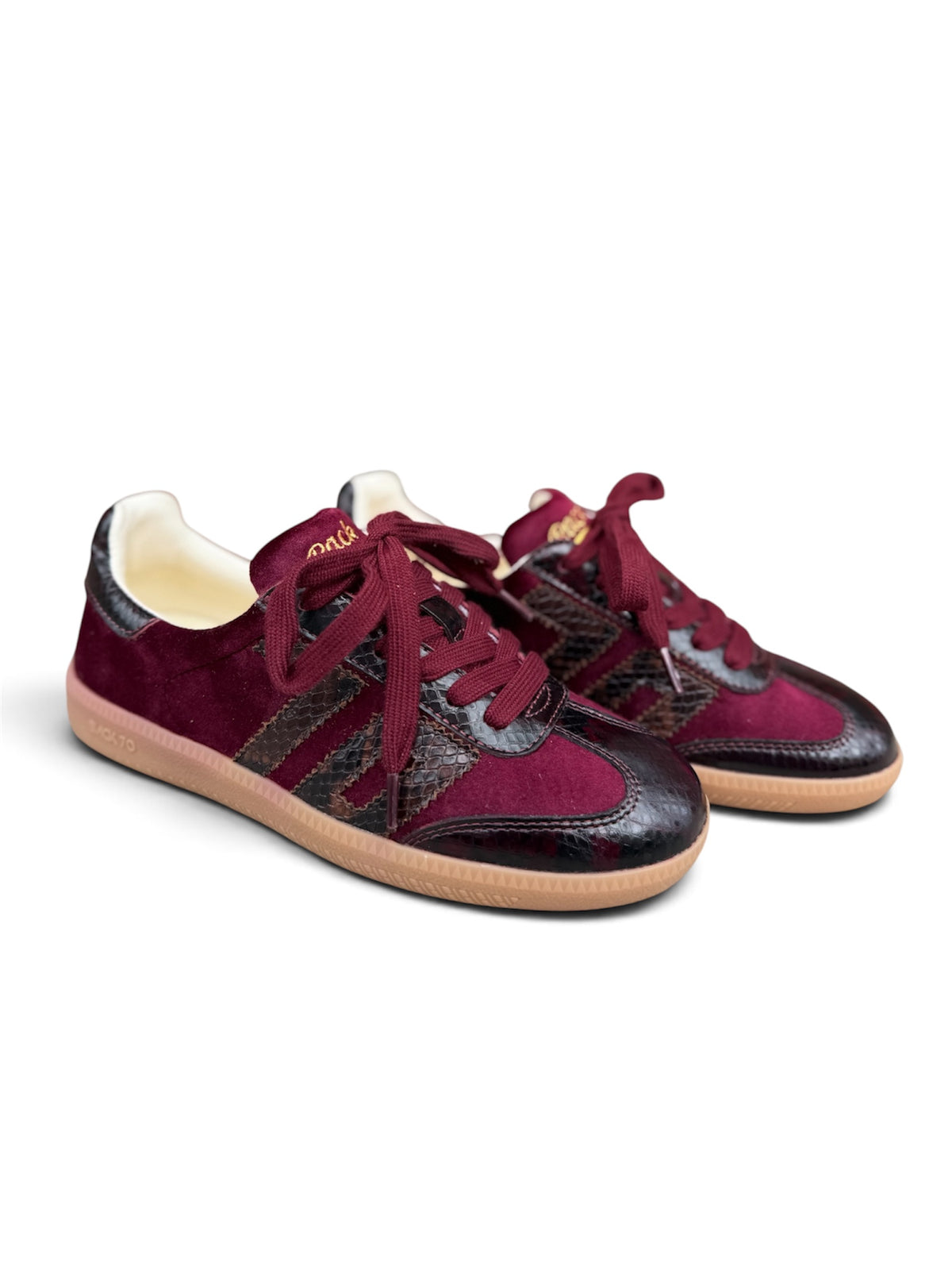 Back 70 women’s burgundy velvet snake-effect trainers side view