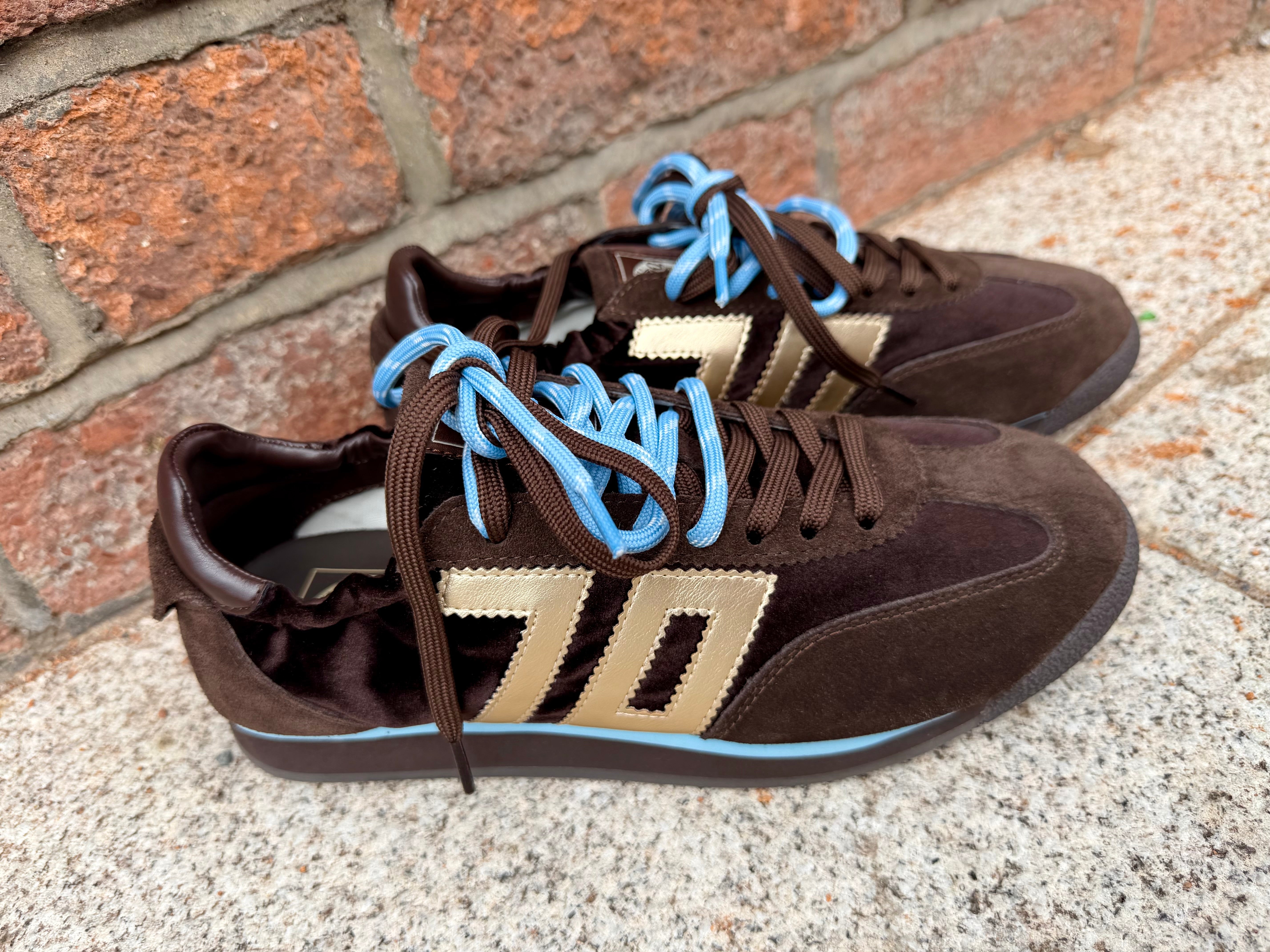 Back 70 Rocket brown suede and velvet trainers angled side view