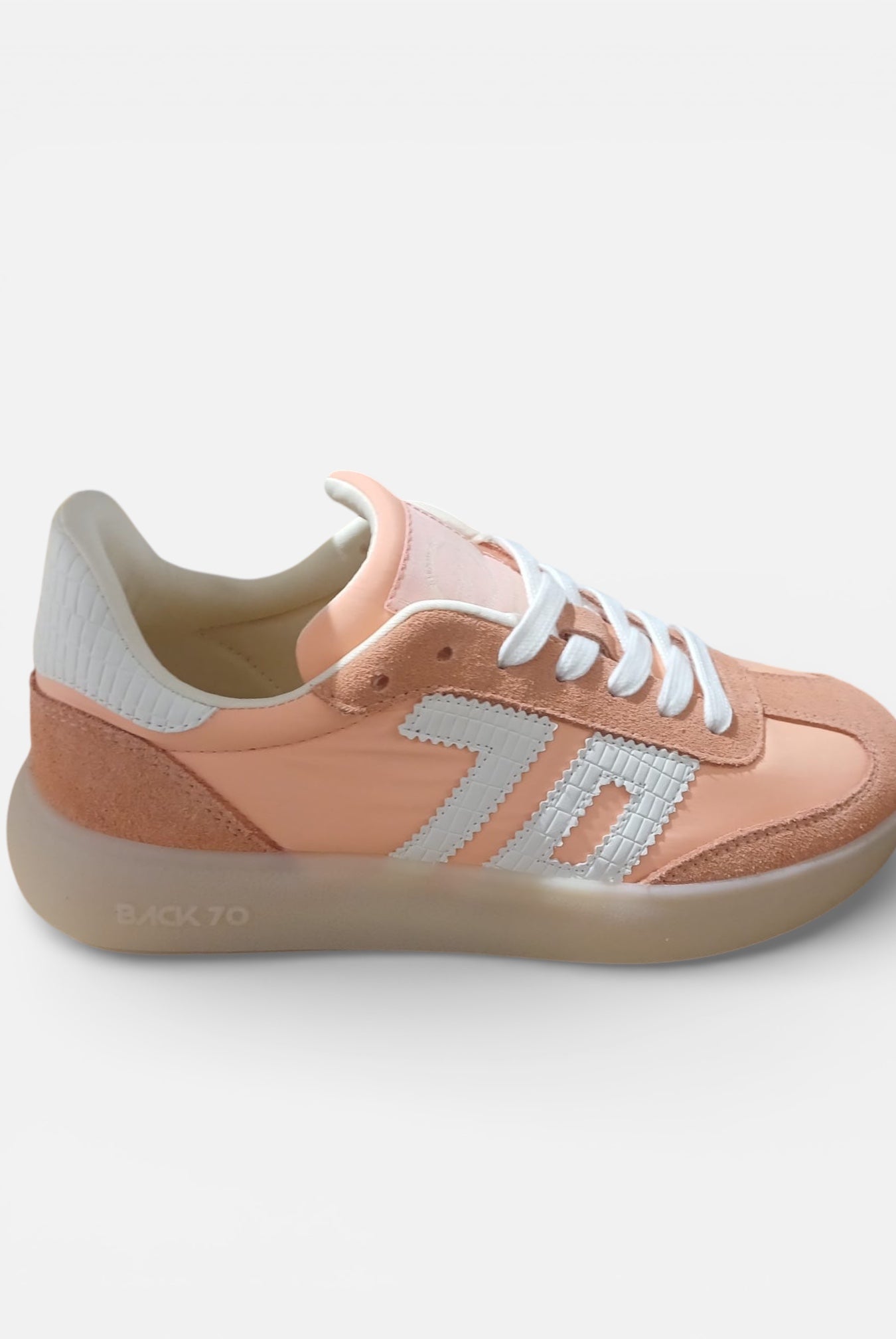 Back 70 Brooklyn N26 peach retro trainers leather suede gum rubber side view