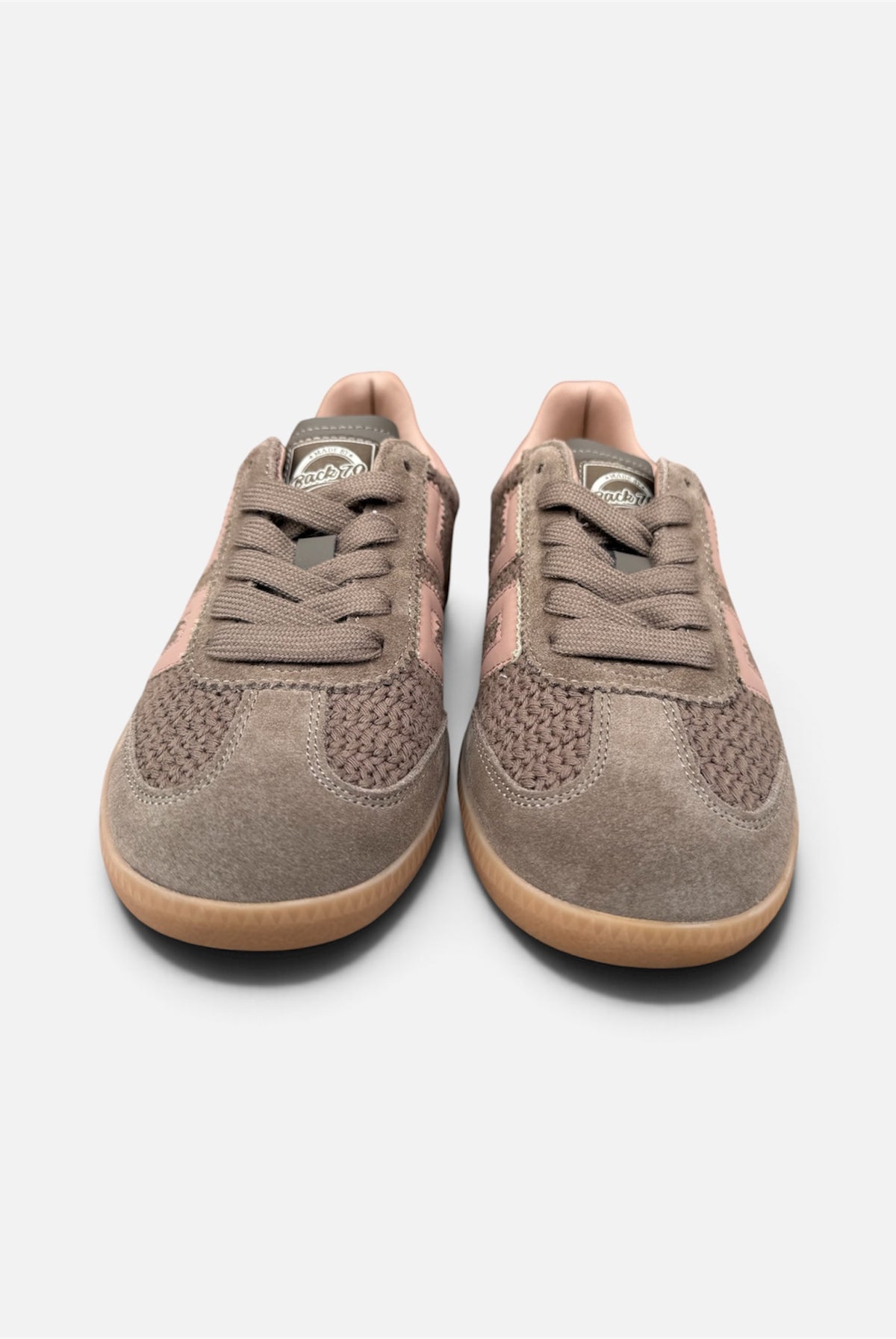 Back 70 Cloud taupe and pink trainers – front lace-up view