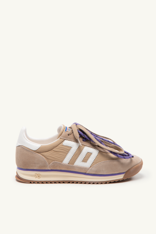 Back 70 beige and purple retro leather trainers side view