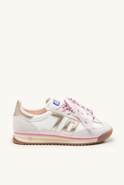 Back 70 white and pink retro leather lace up trainers side view