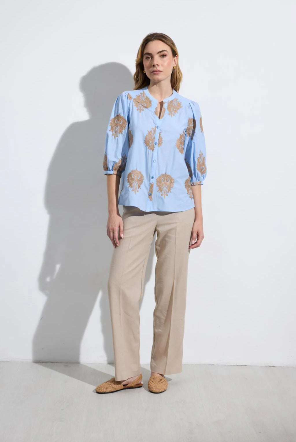 Bariloche Bielsa blue embroidered blouse puff sleeve detail
