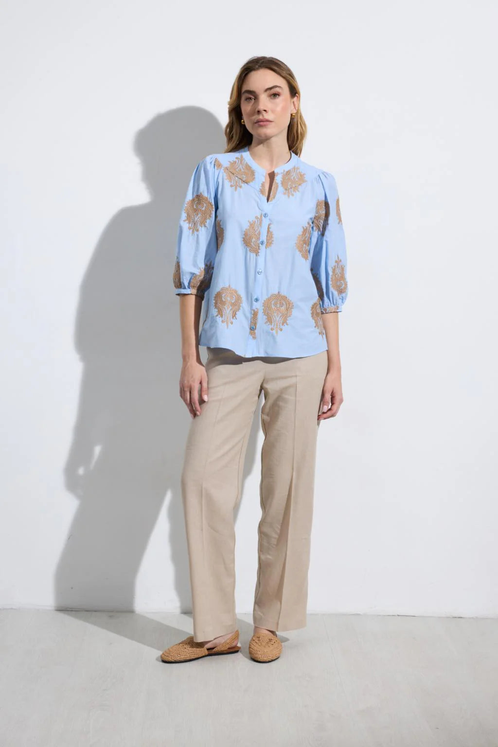 Bariloche Bielsa blue embroidered blouse puff sleeve detail