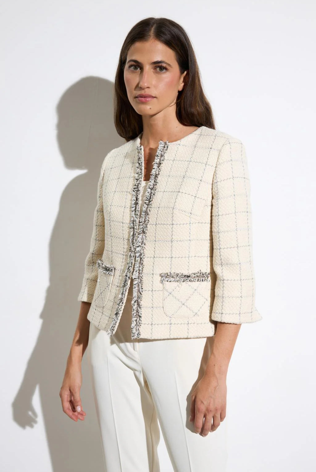 Bariloche Carrascal tweed fringed jacket cream check front view