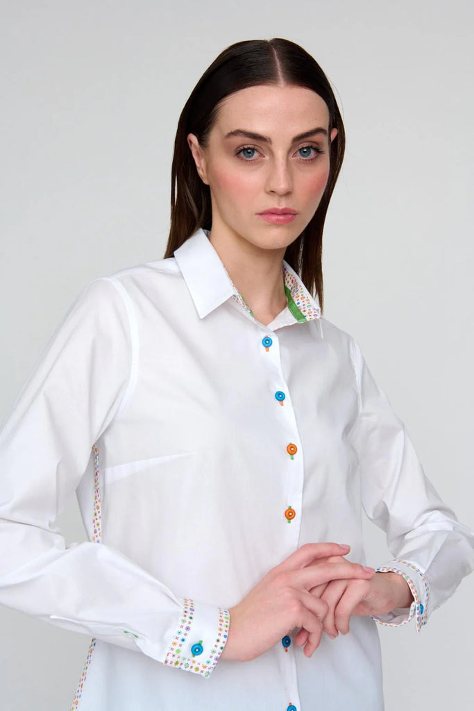 Bariloche Condado White Stretch Cotton Shirt With Multi-colour Trim