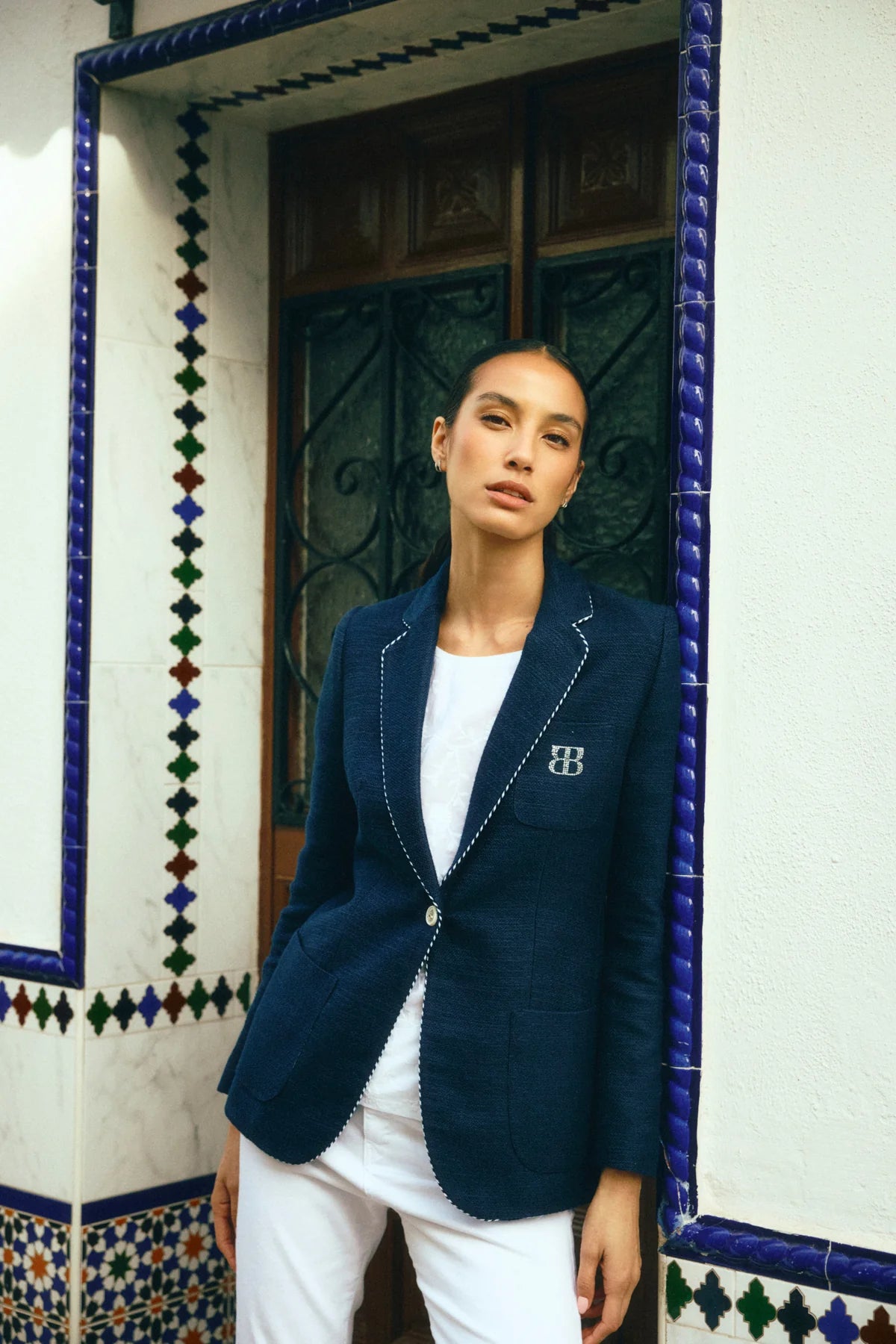 Bariloche Hidra navy blazer editorial lifestyle image