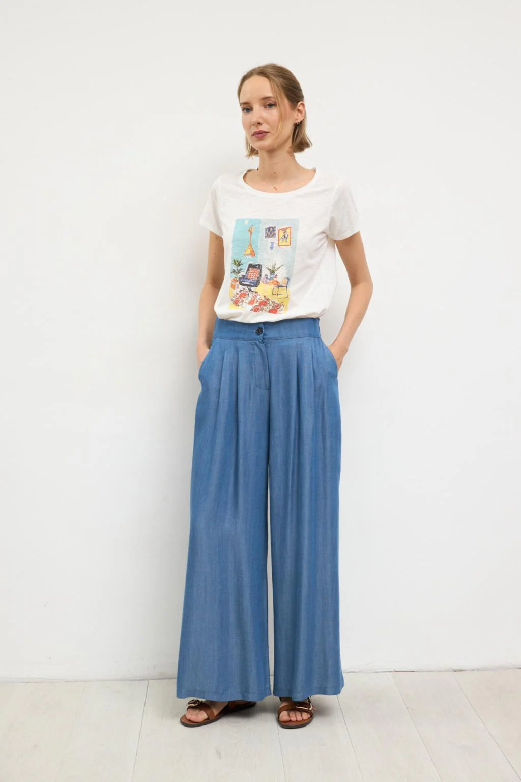 Bariloche Jura blue wide leg culotte trousers high waist detail