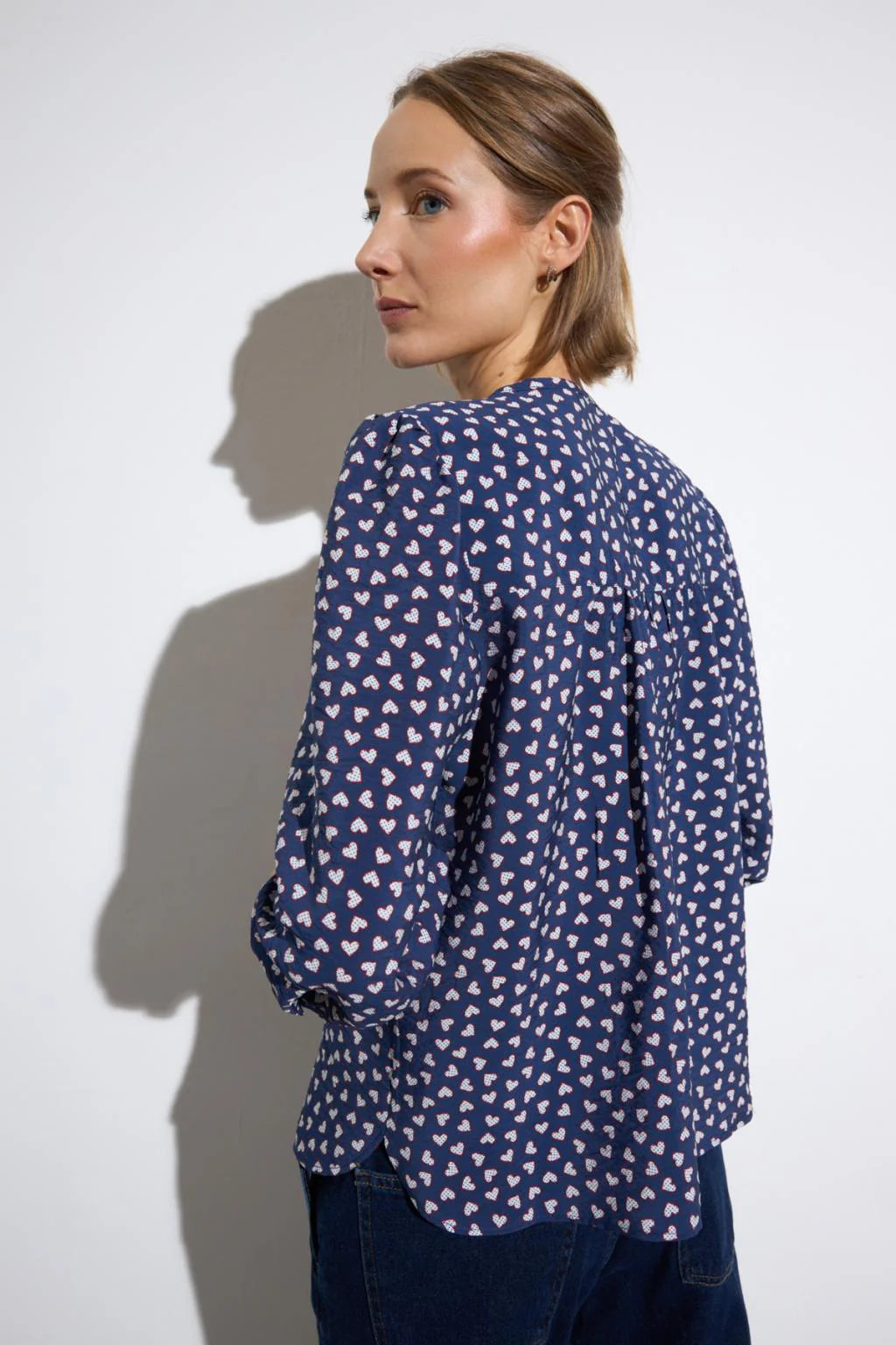Bariloche Tulipero navy heart print blouse back