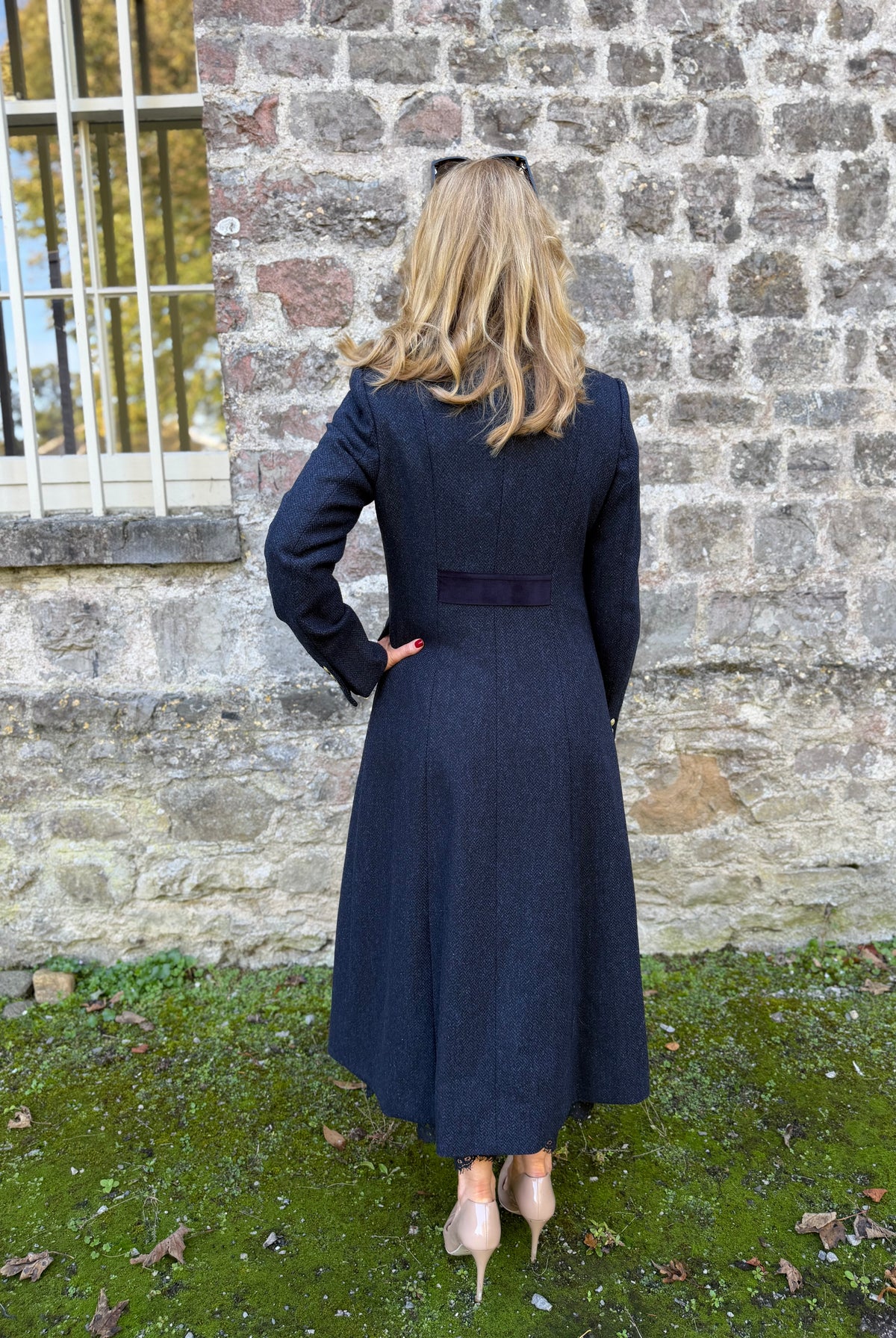 LBariloche Valent navy herringbone military coat with velvet back trim – back lifestyle view