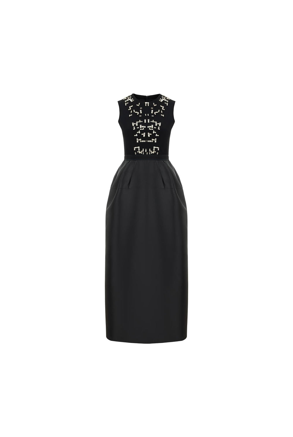 Black embellished midi dress with structured tulip skirt