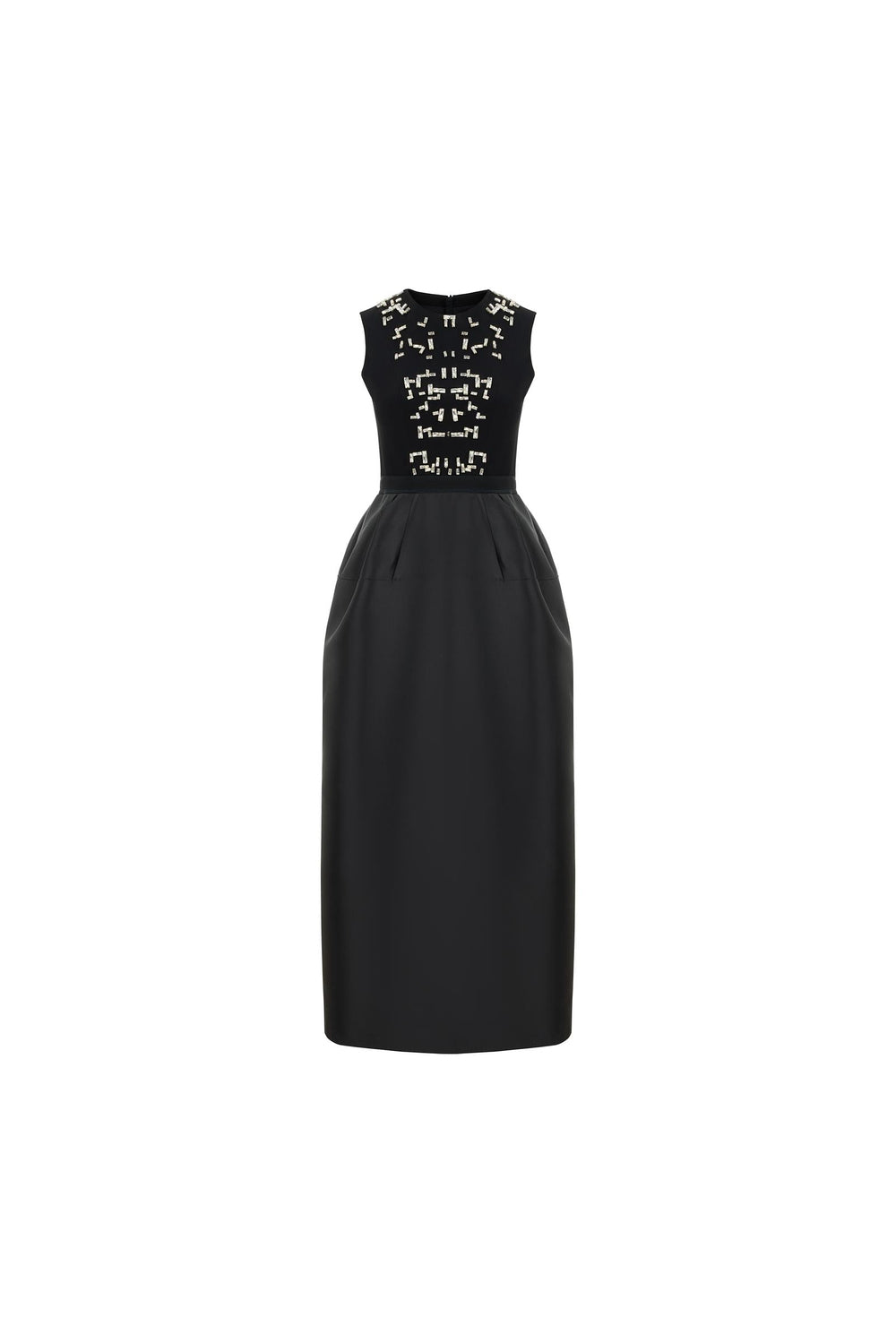 Black embellished midi dress with structured tulip skirt