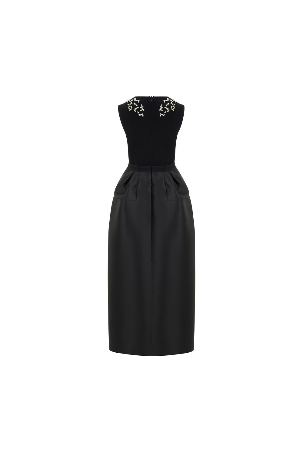Crystal embellished black midi dress for weddings and evening events