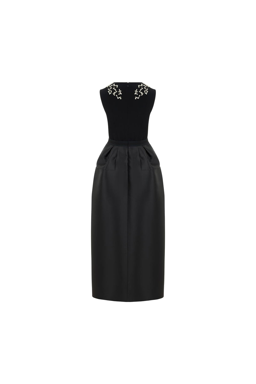 Crystal embellished black midi dress for weddings and evening events