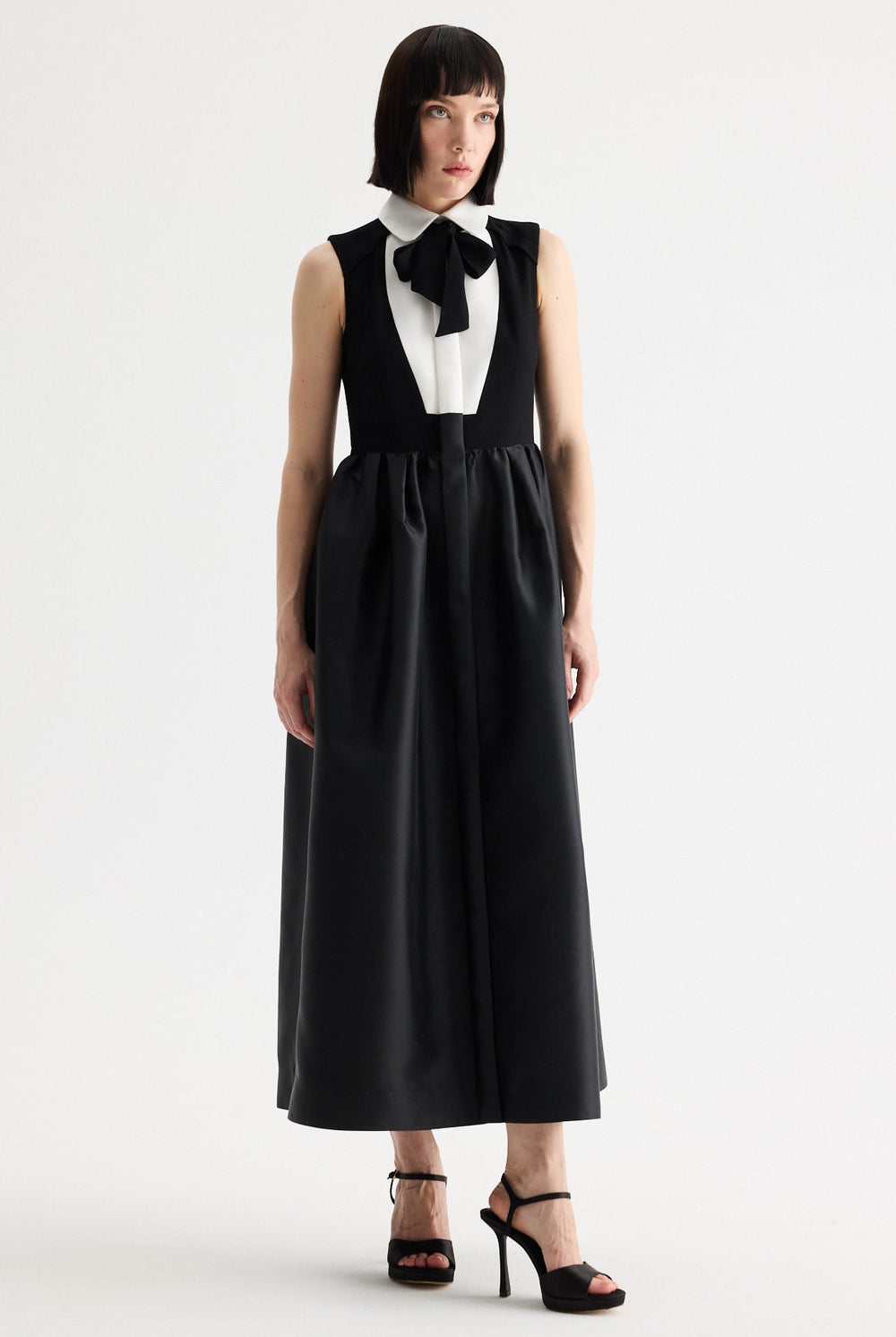 Birelin Couture black and white bow tie neck midi dress front view