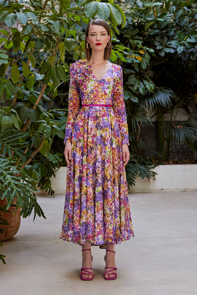 Carla Ruiz V Neck Floral Print Occasion Dress With Long Sleeves