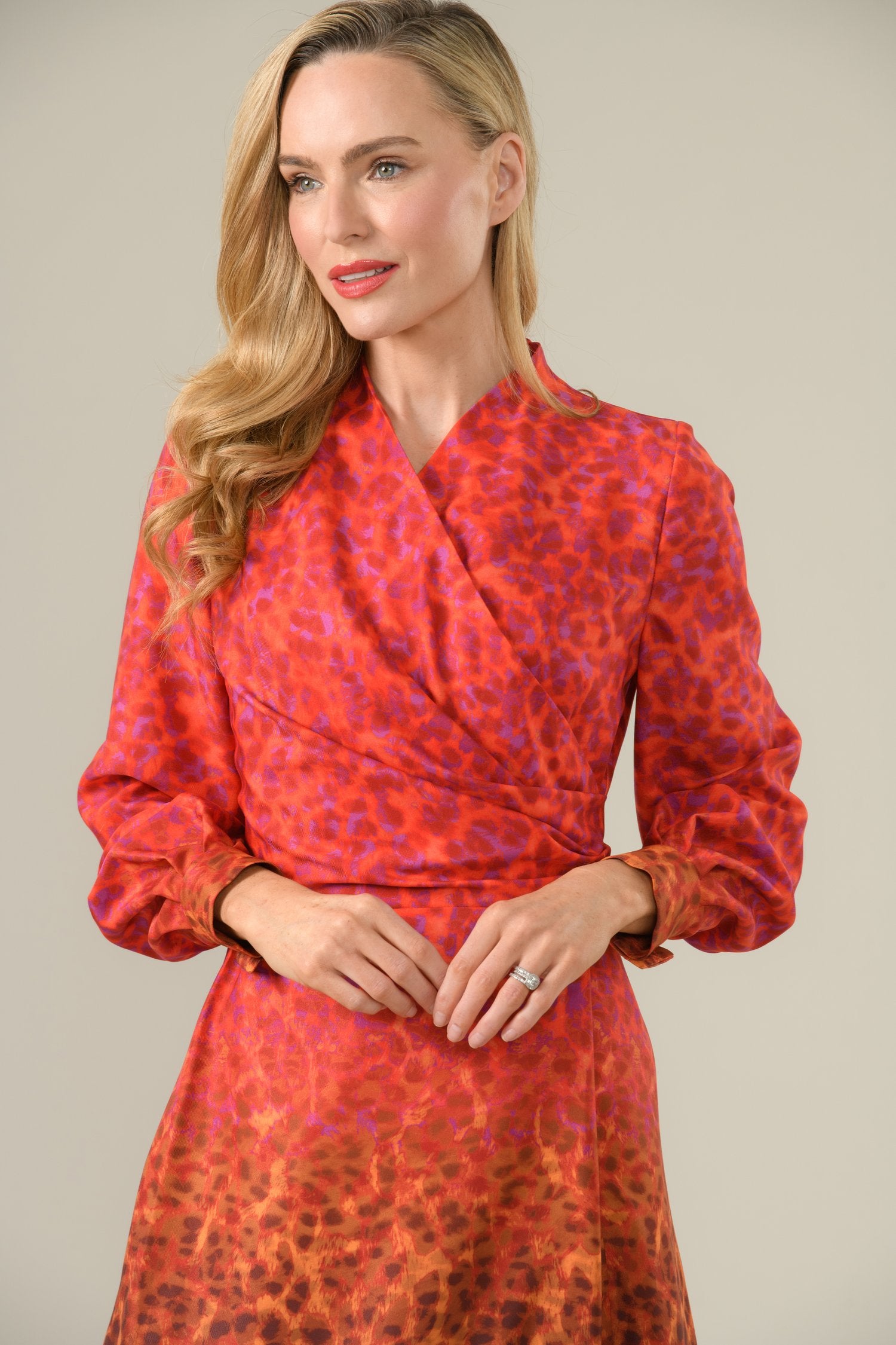 Model wearing Caroline Kilkenny Agnes red ombré wrap midi dress front view