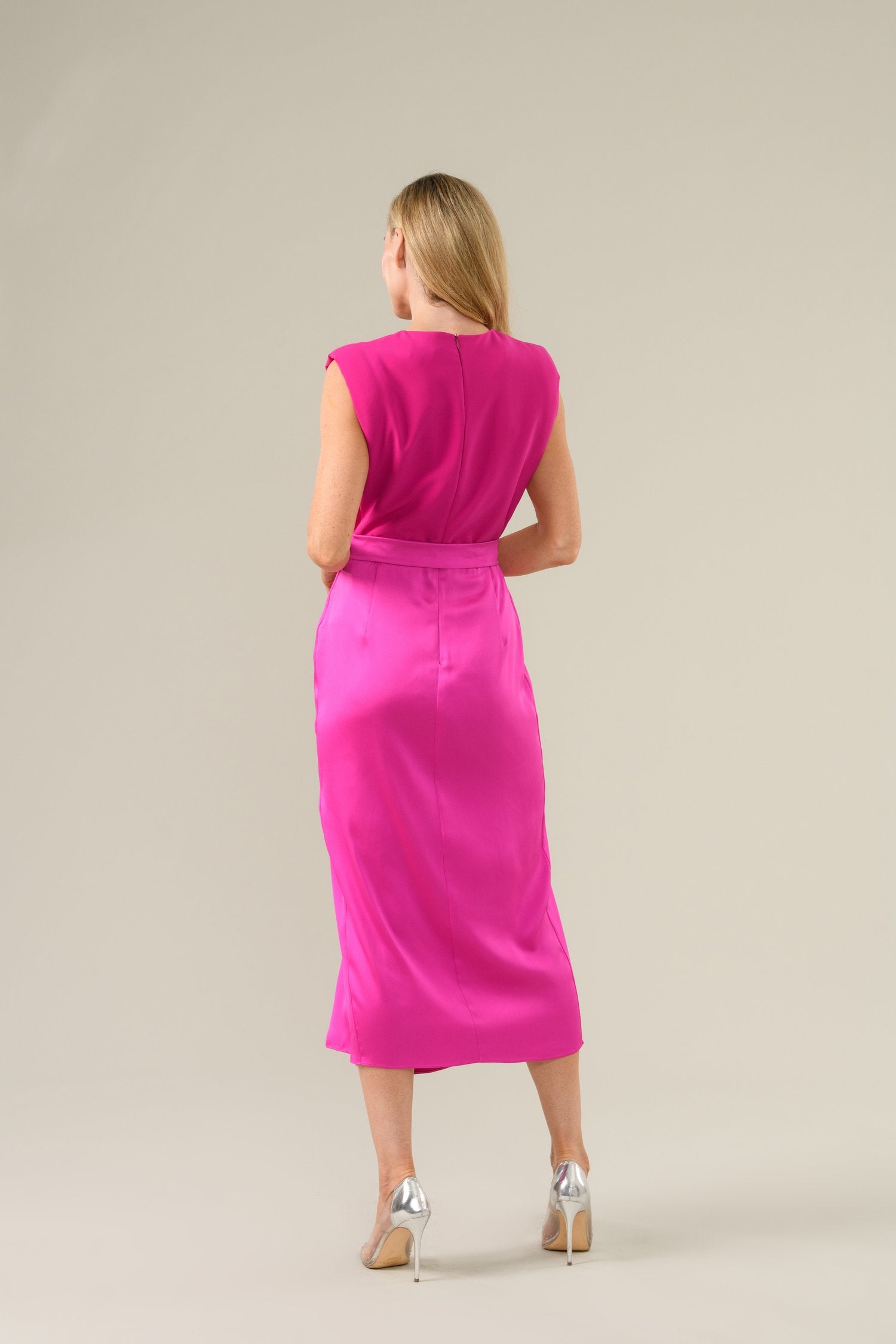 Back view of Grace occasion dress showing concealed zip and fluid drape