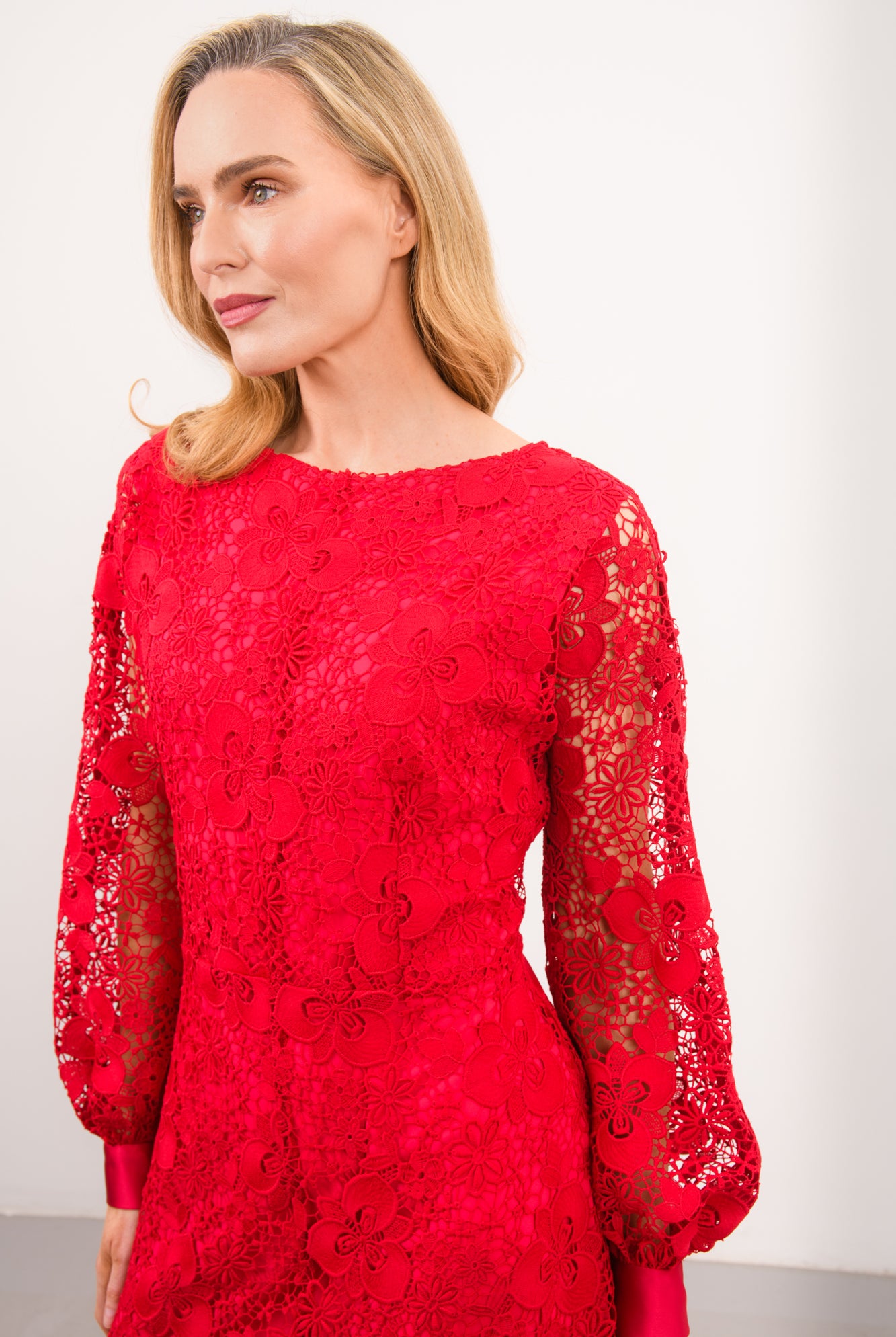 Close-up of Caroline Kilkenny Iris floral lace bodice and round neckline