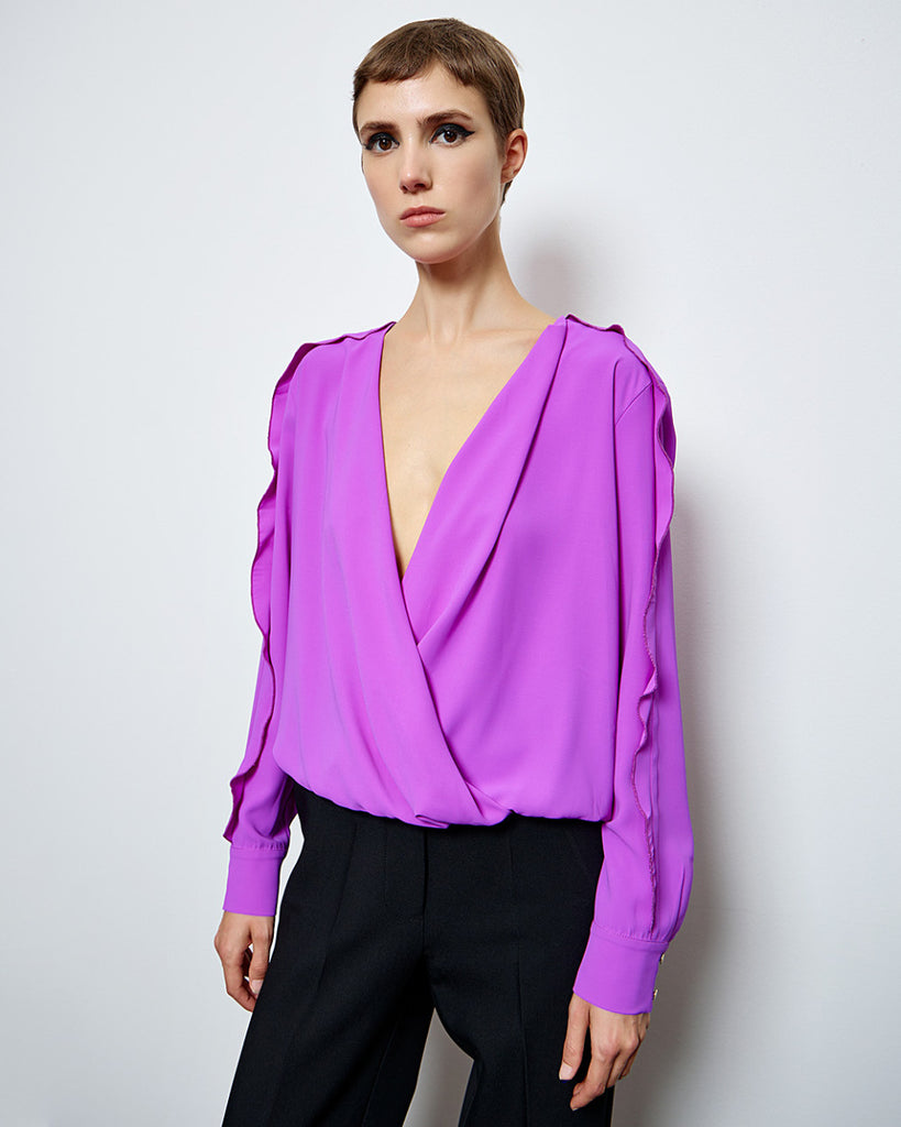 Access Fashion Long Sleeve Magenta Wrap blouse With Ruffled Sleeves