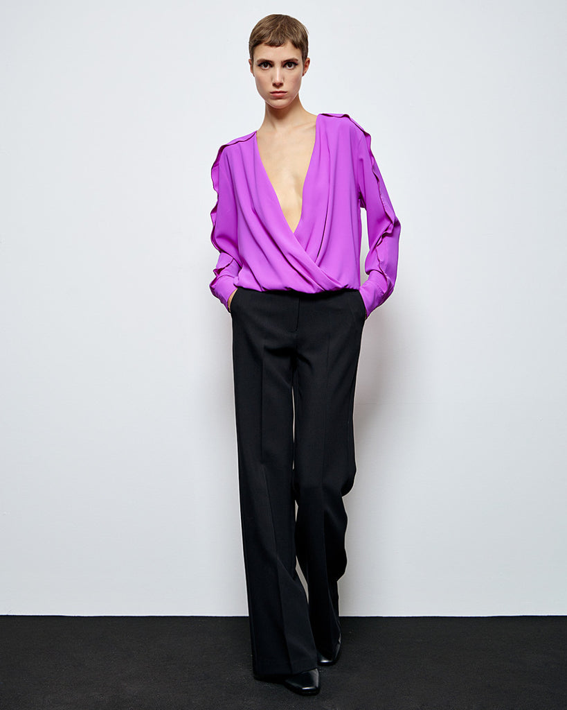 Access Fashion Long Sleeve Wrap blouse With Ruffled Sleeves In Purple